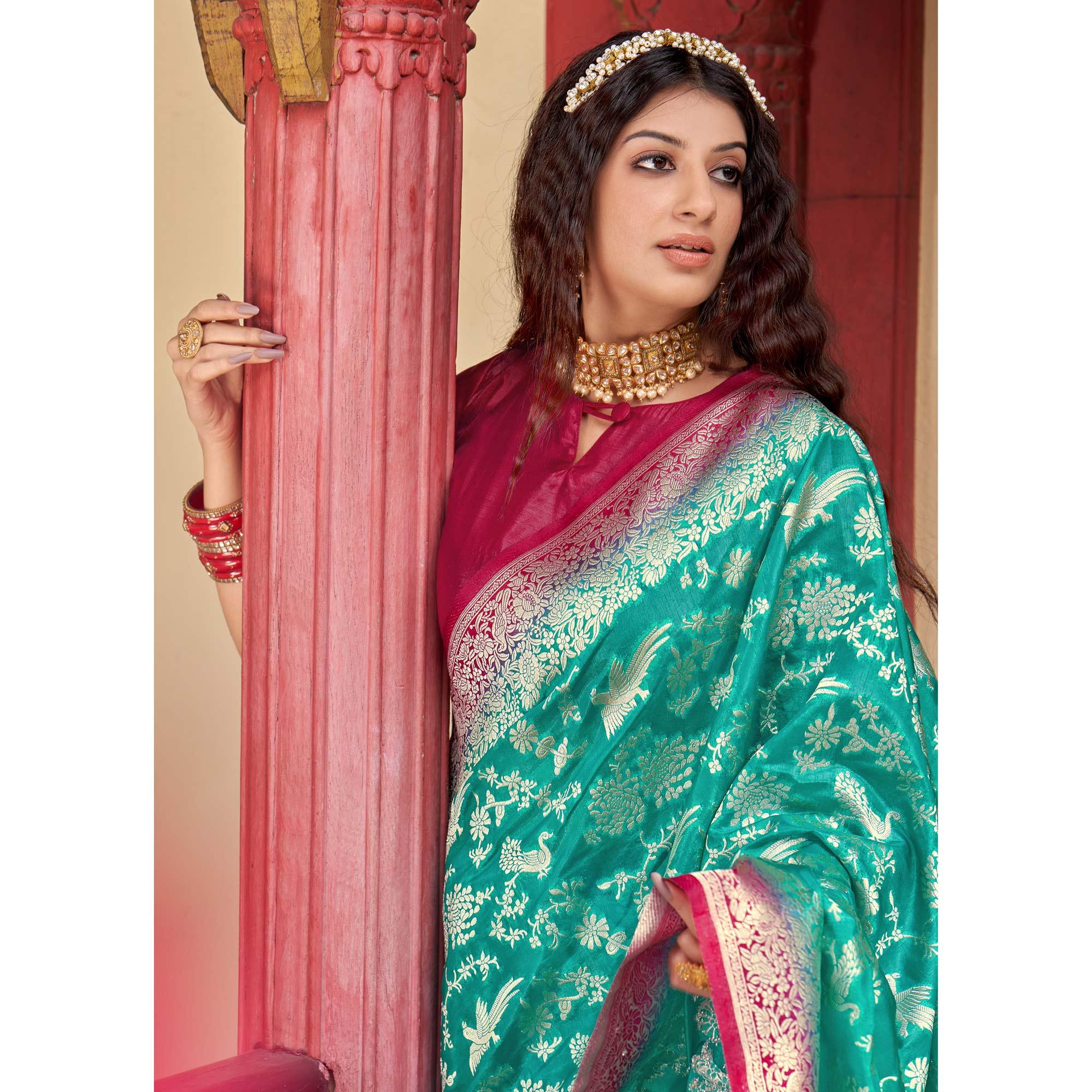 Green Partywear Foil Printed Silk Organza Saree - Peachmode