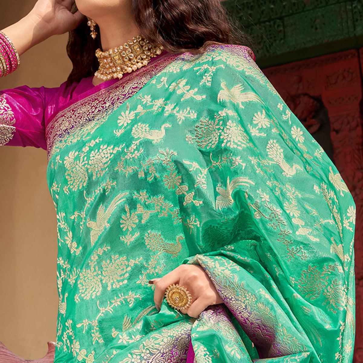 Green Partywear Foil Printed Silk Organza Saree - Peachmode