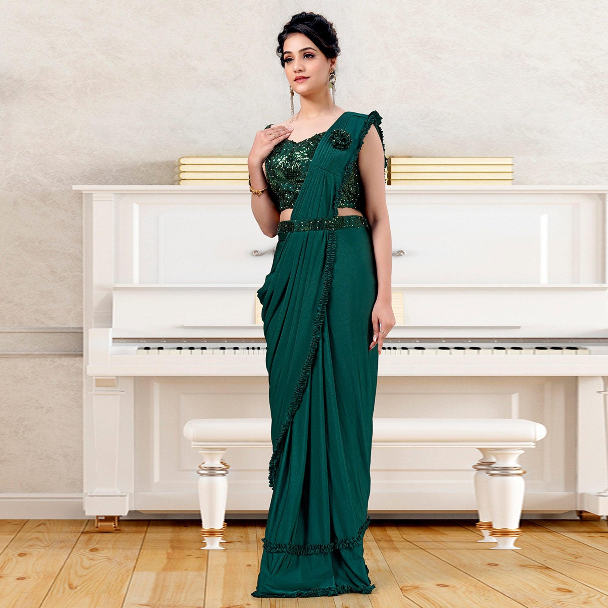 Green Partywear Frill & Sequence Art Silk Saree - Peachmode