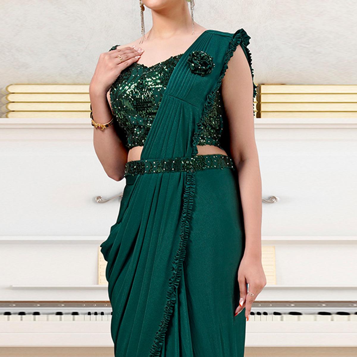 Green Partywear Frill & Sequence Art Silk Saree - Peachmode