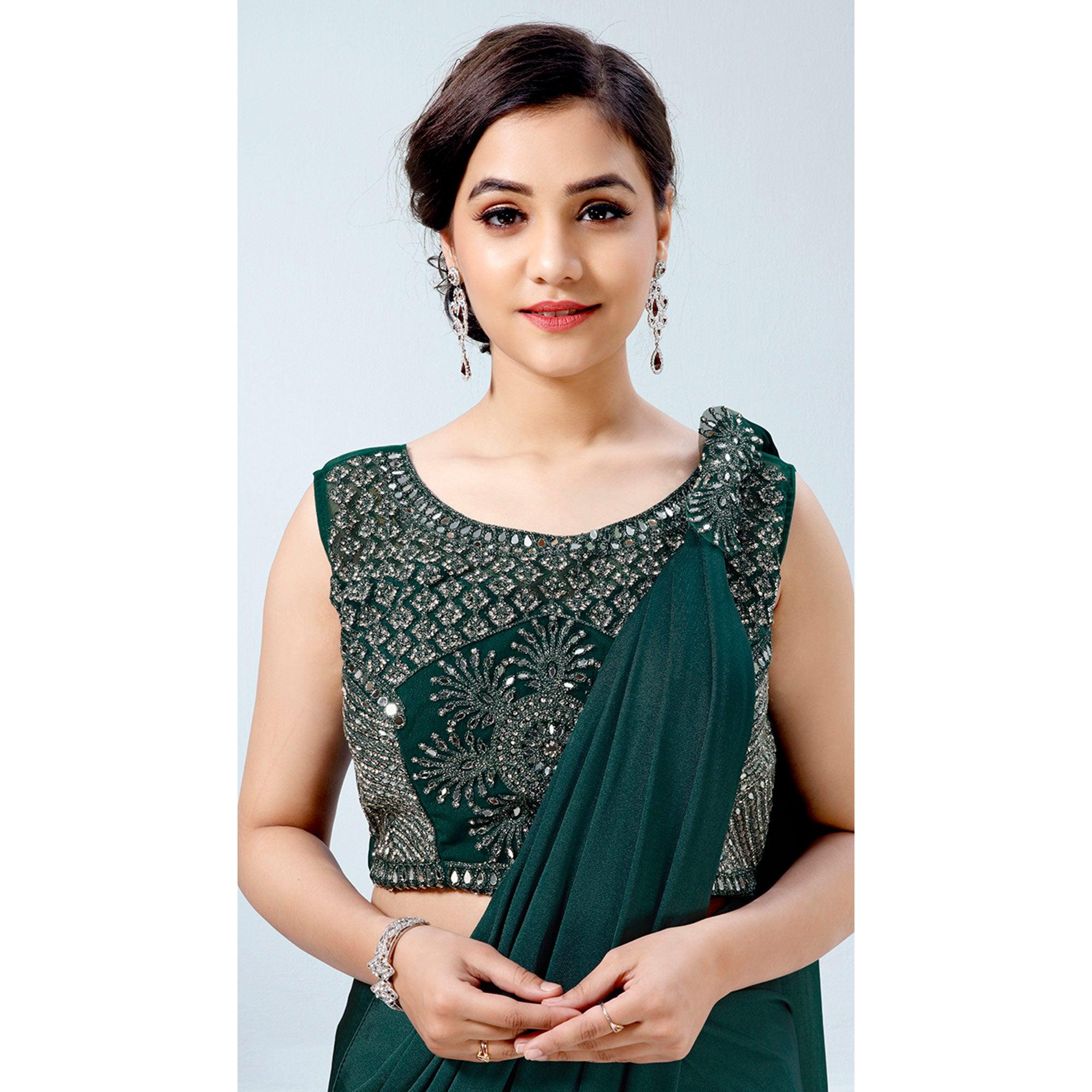 Green Partywear Frill & Sequence Art Silk Saree - Peachmode
