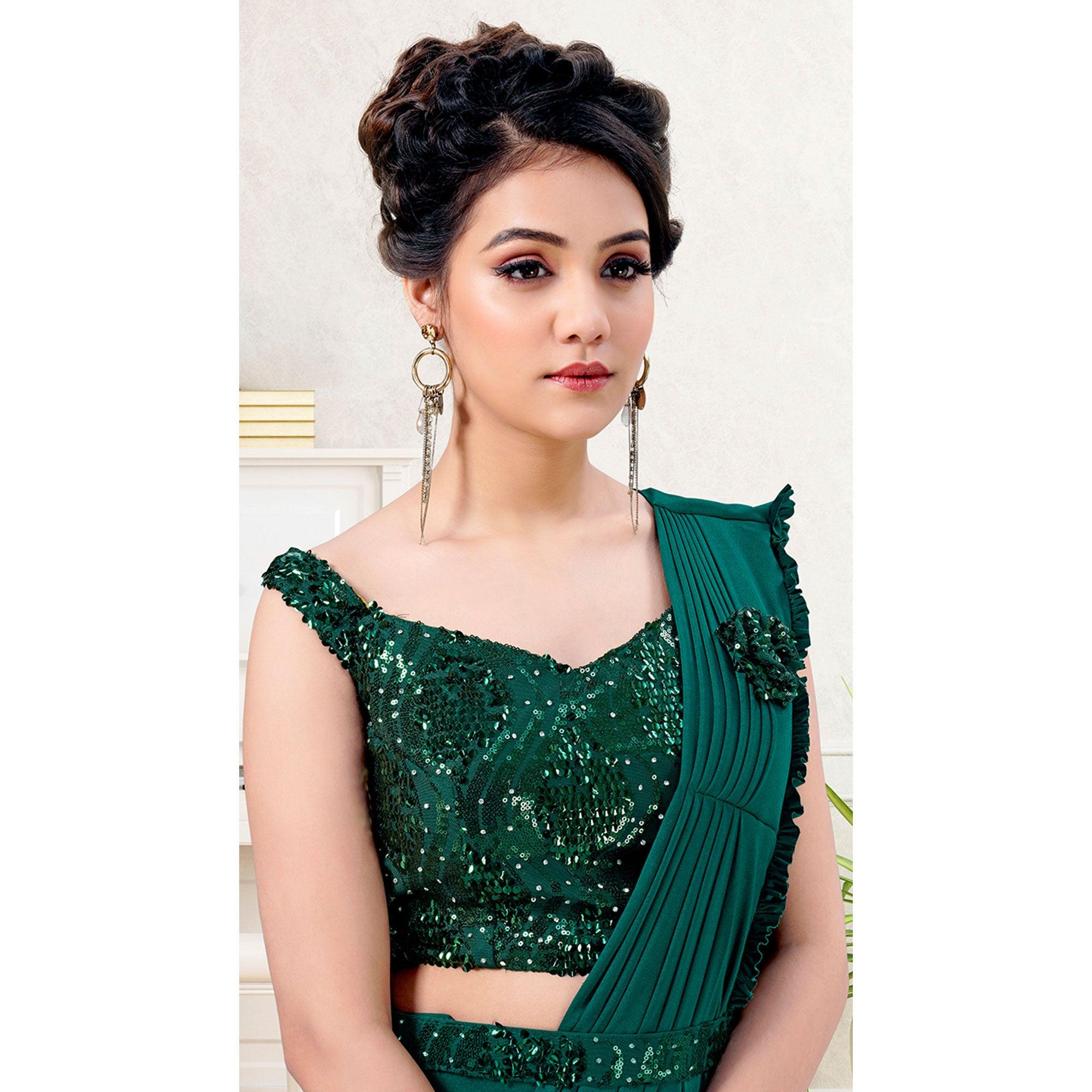 Green Partywear Frill & Sequence Art Silk Saree - Peachmode