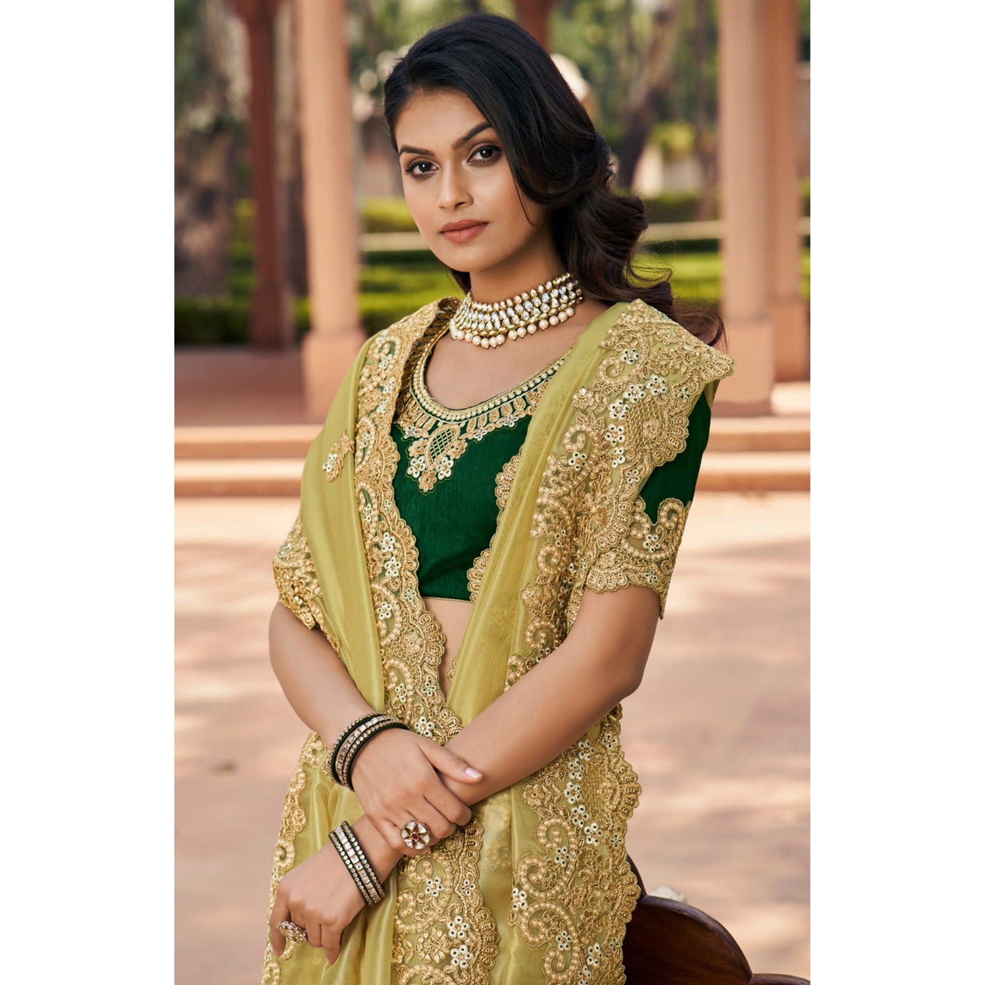 Green Partywear Gold Coating Embroidered Silk Saree - Peachmode