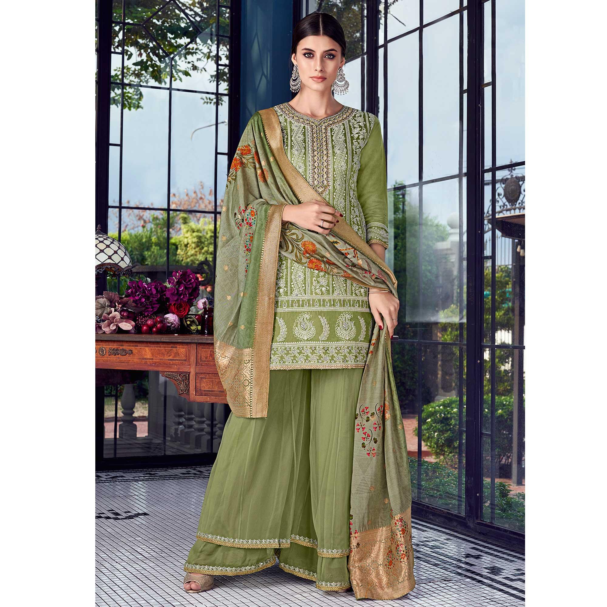 Green Partywear Lakhnavi Embroidered Silk Dress Material - Peachmode