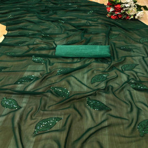 Green Partywear Leaf Sequence Georgette Saree - Peachmode