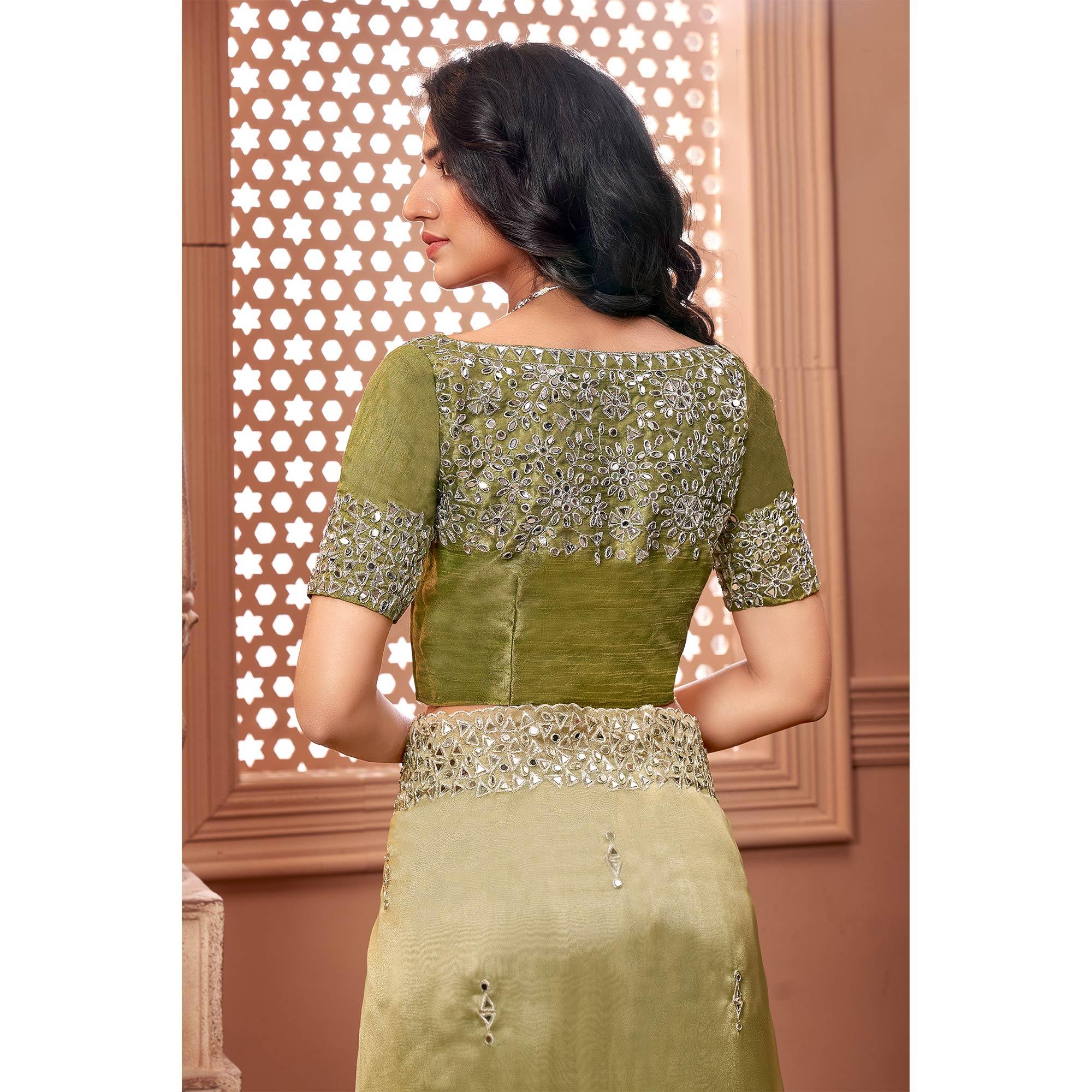 Green Partywear Mirror Work Embroidered Organza Saree - Peachmode