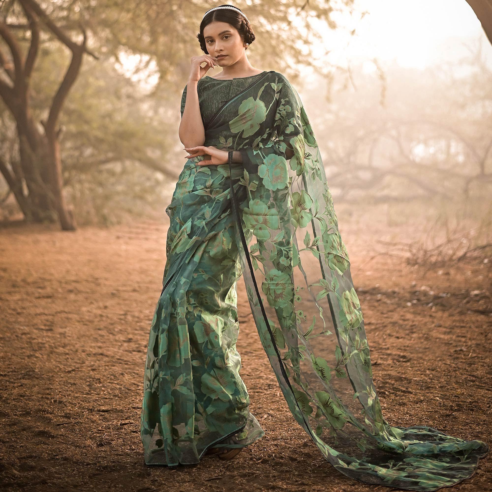 Green Partywear Piping Stone Velvet Zari Organza Saree - Peachmode