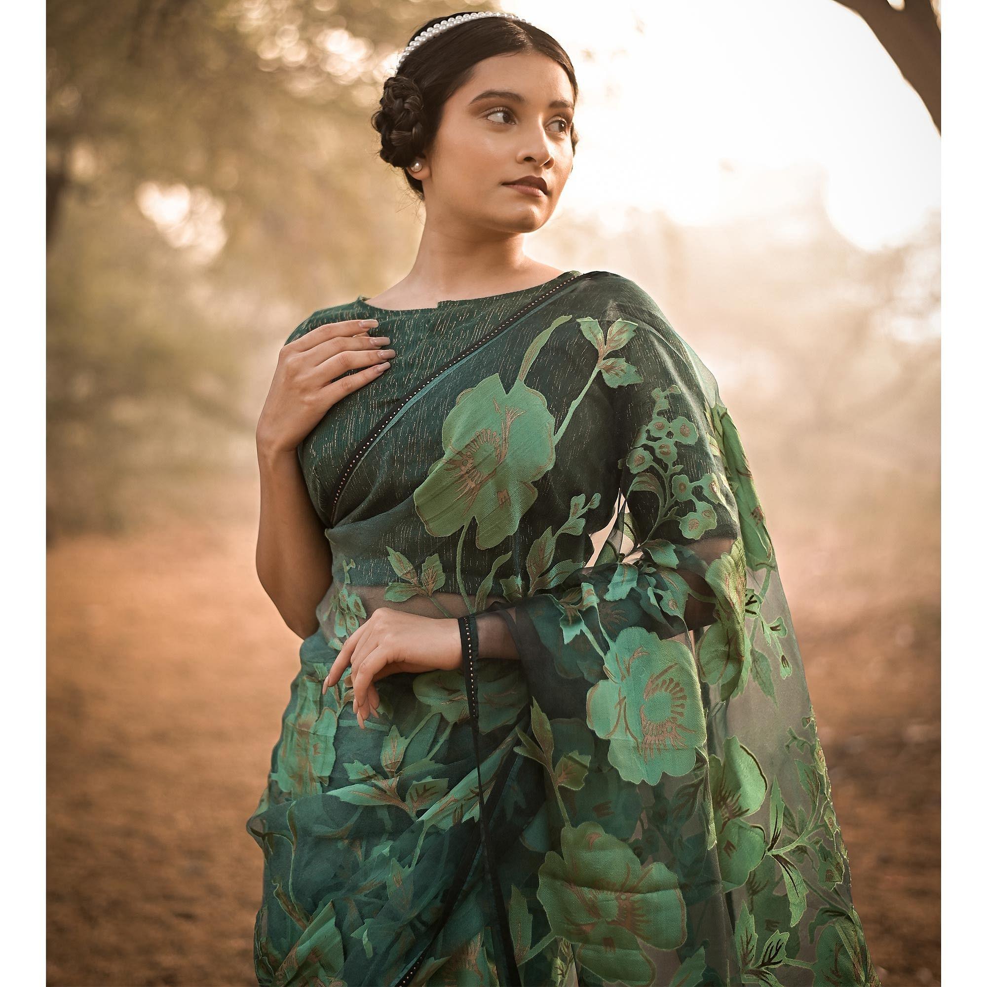 Green Partywear Piping Stone Velvet Zari Organza Saree - Peachmode