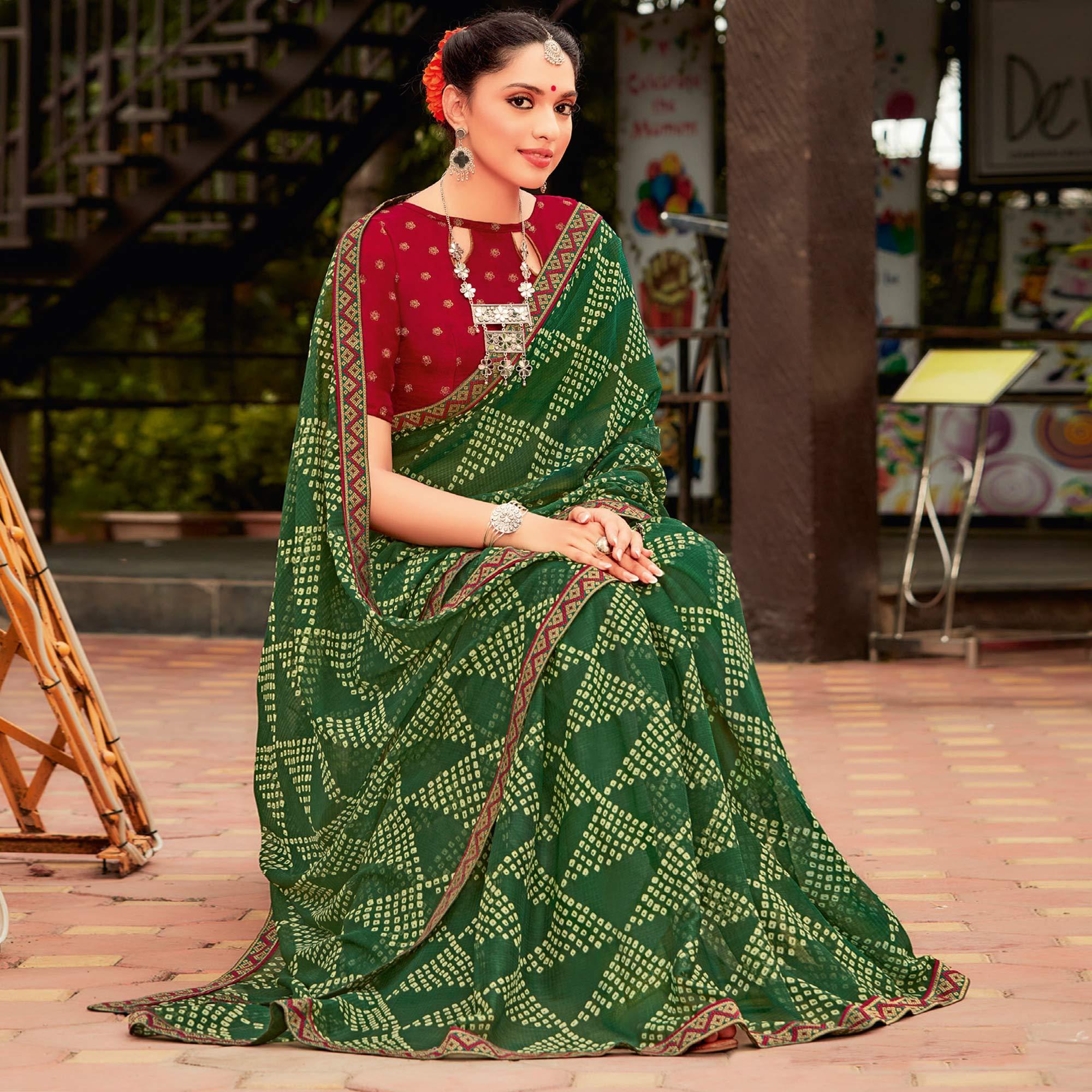Green Partywear Printed Chiffon Saree With Border - Peachmode
