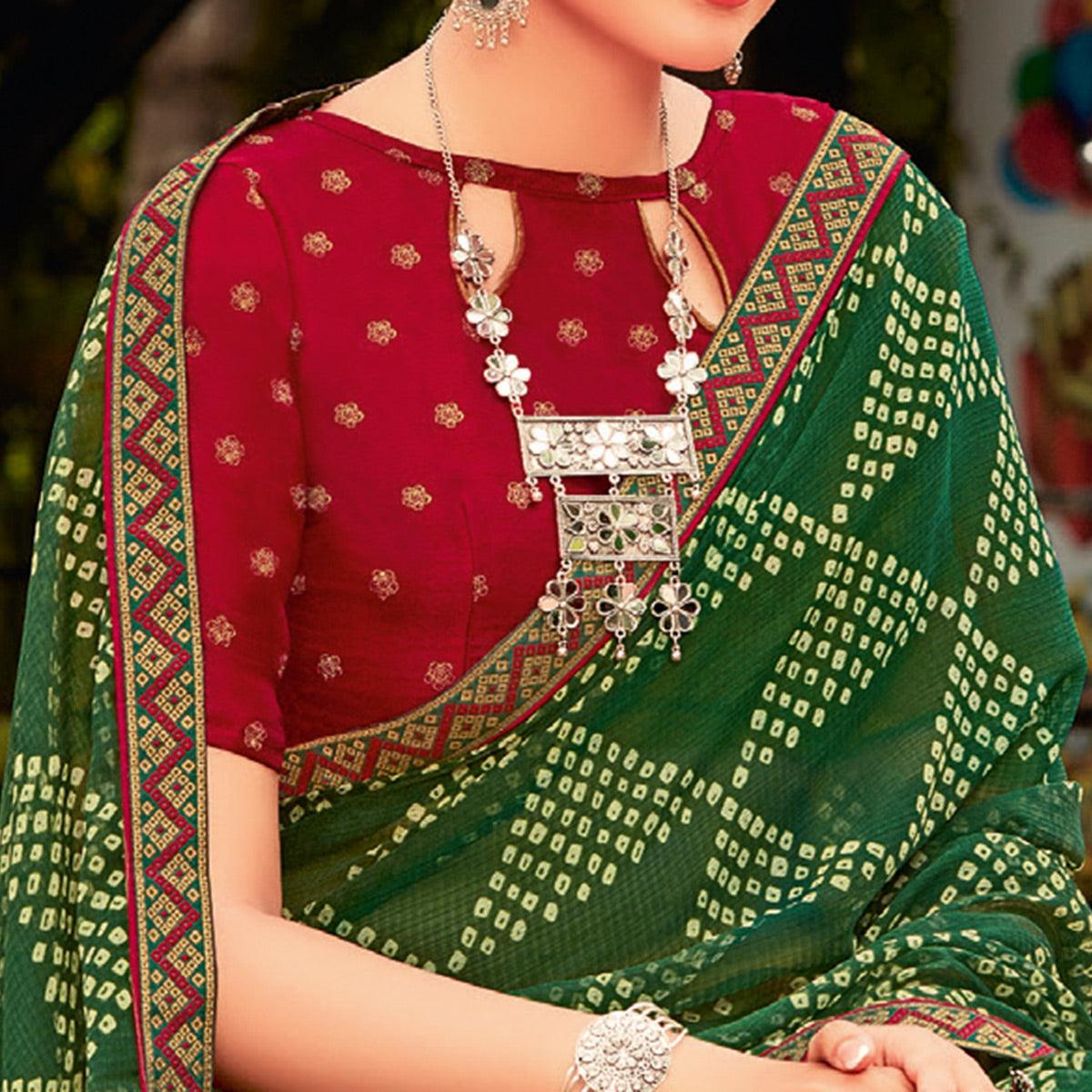 Green Partywear Printed Chiffon Saree With Border - Peachmode