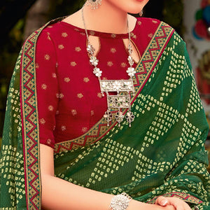 Green Partywear Printed Chiffon Saree With Border - Peachmode