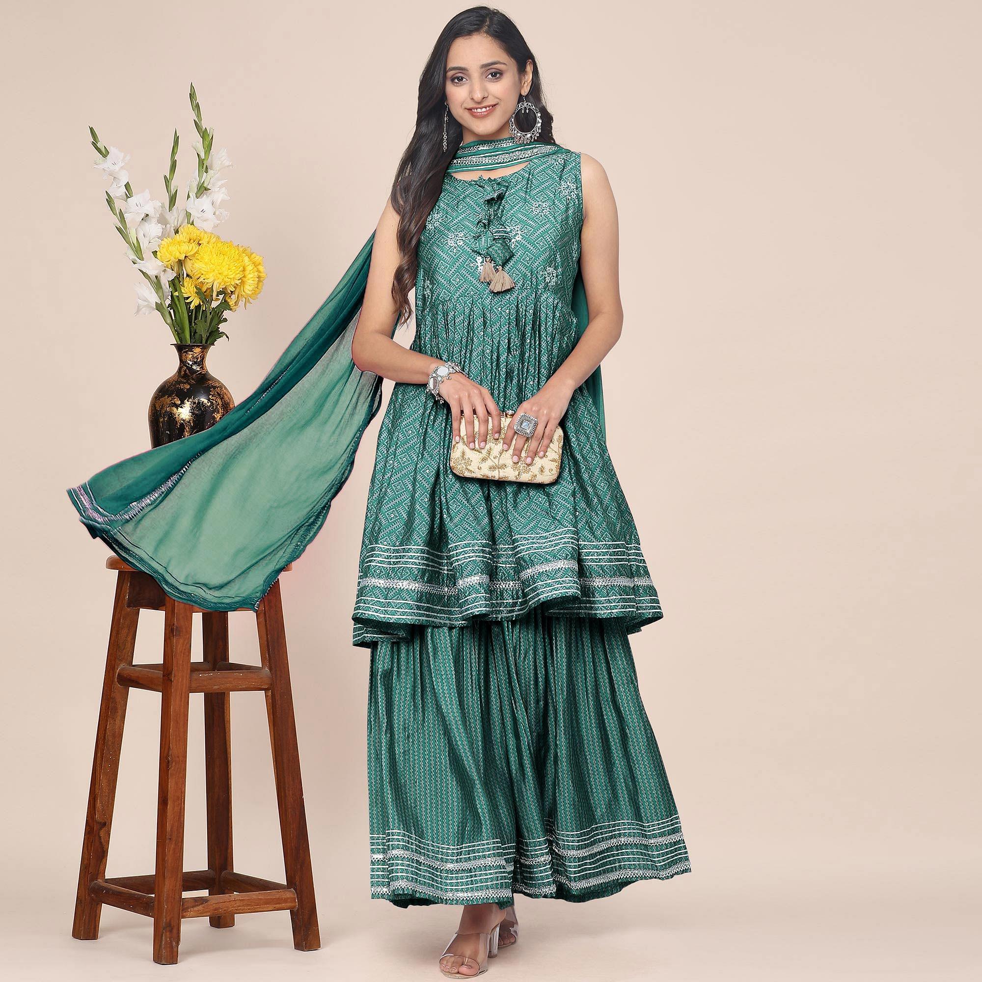 Green Partywear Printed Cotton Silk Sharara Suit - Peachmode