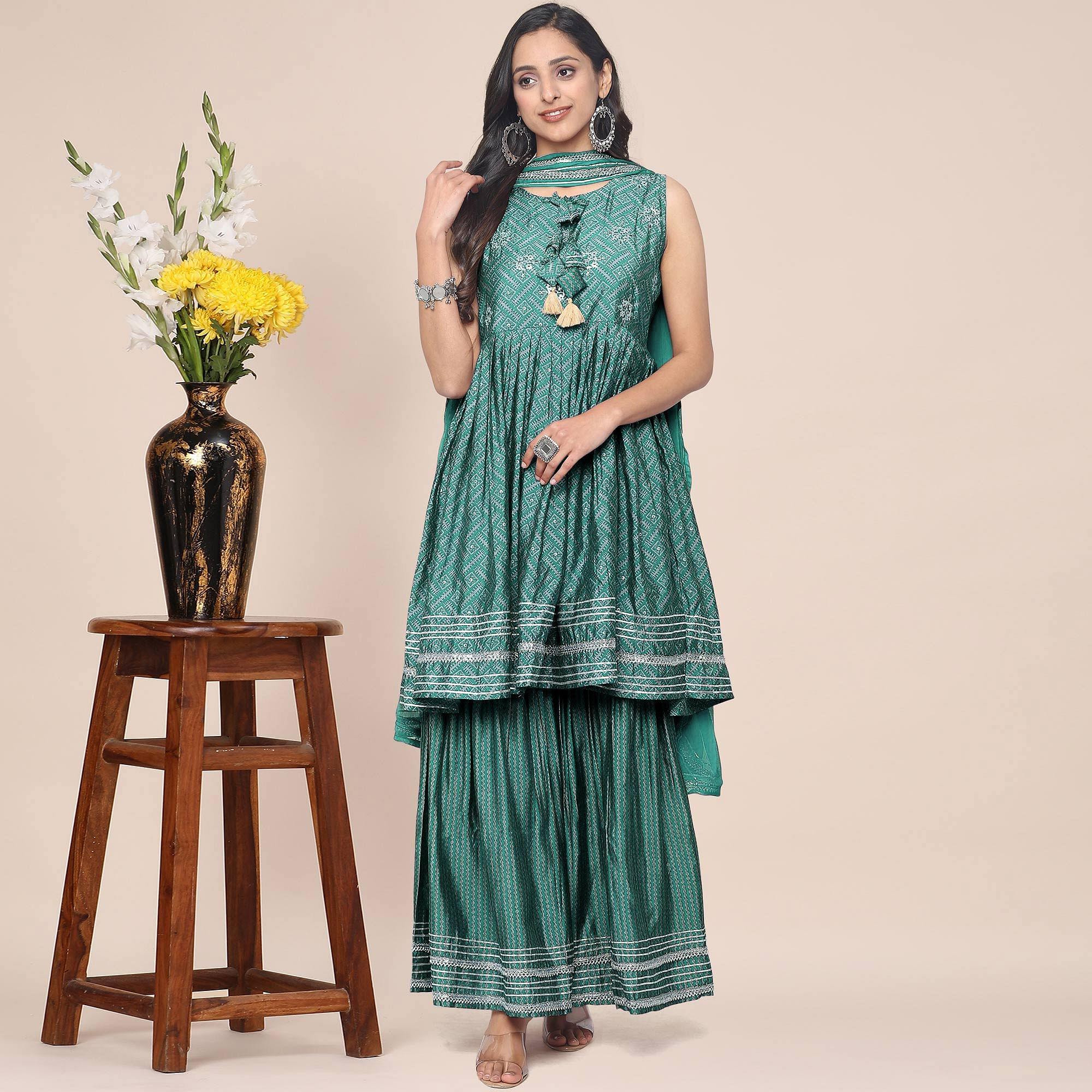 Green Partywear Printed Cotton Silk Sharara Suit - Peachmode