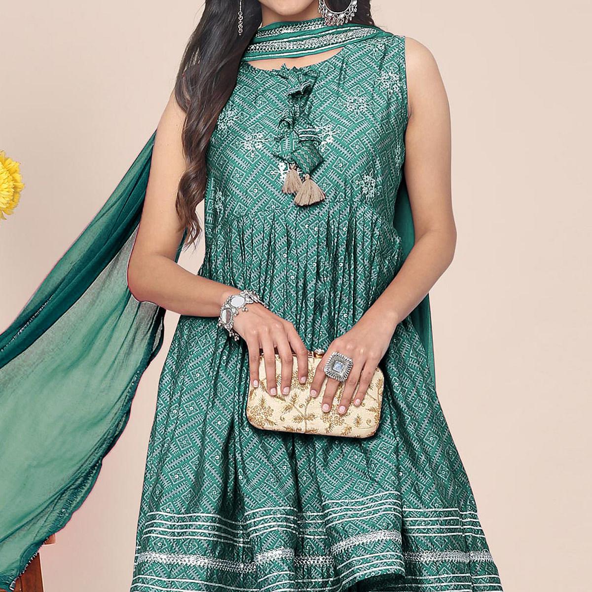 Green Partywear Printed Cotton Silk Sharara Suit - Peachmode