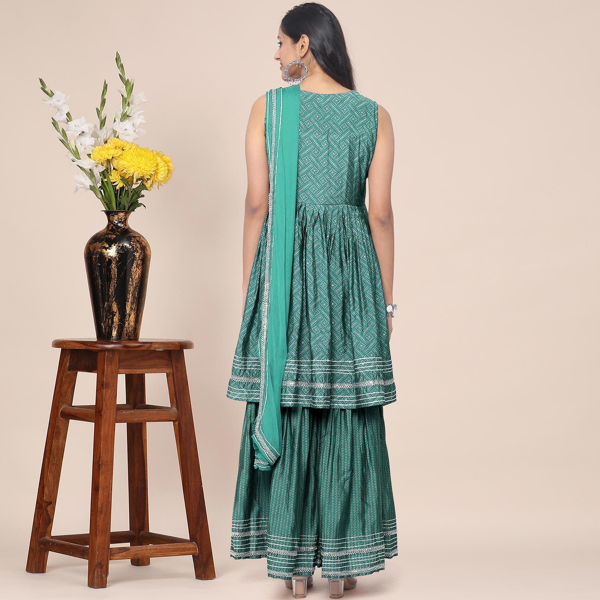 Green Partywear Printed Cotton Silk Sharara Suit - Peachmode