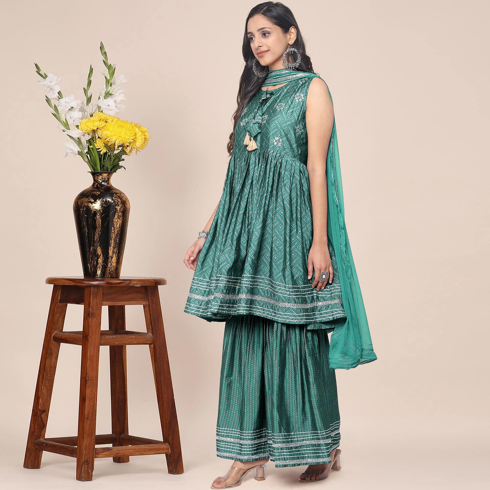 Green Partywear Printed Cotton Silk Sharara Suit - Peachmode