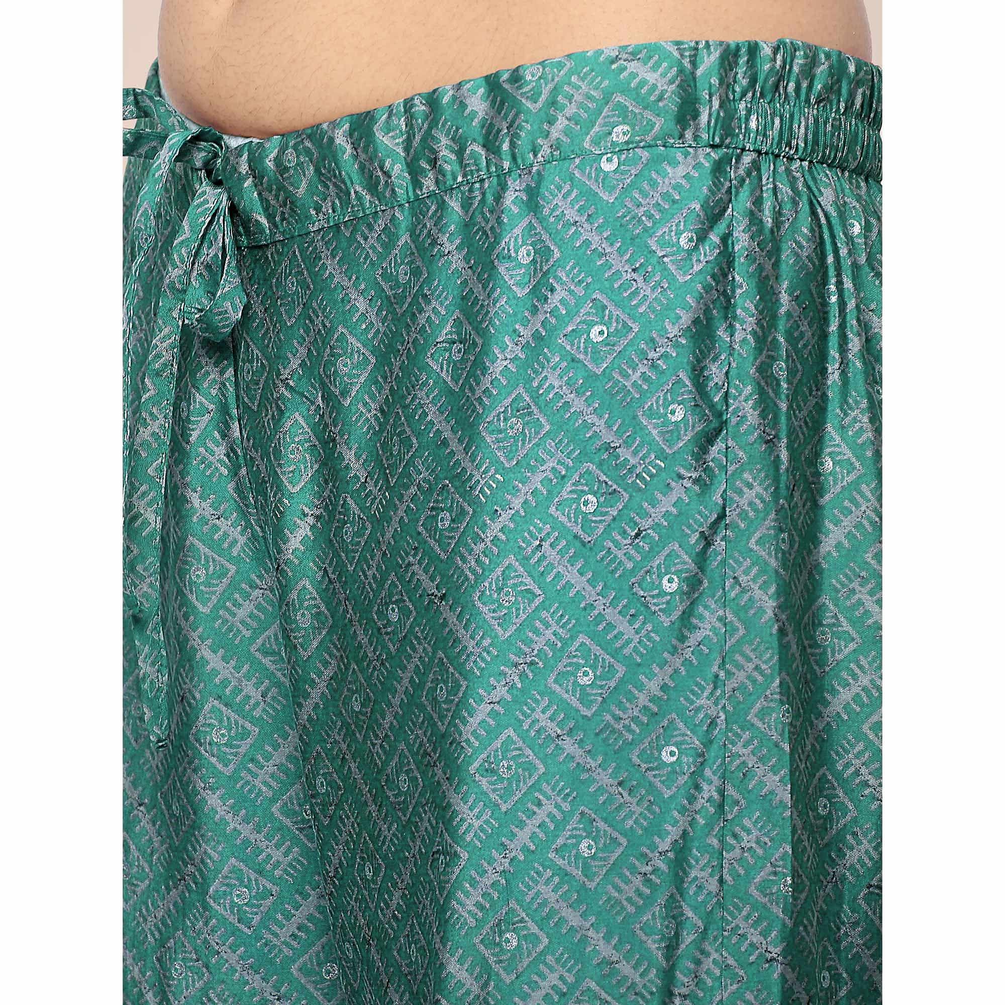 Green Partywear Printed Cotton Silk Sharara Suit - Peachmode