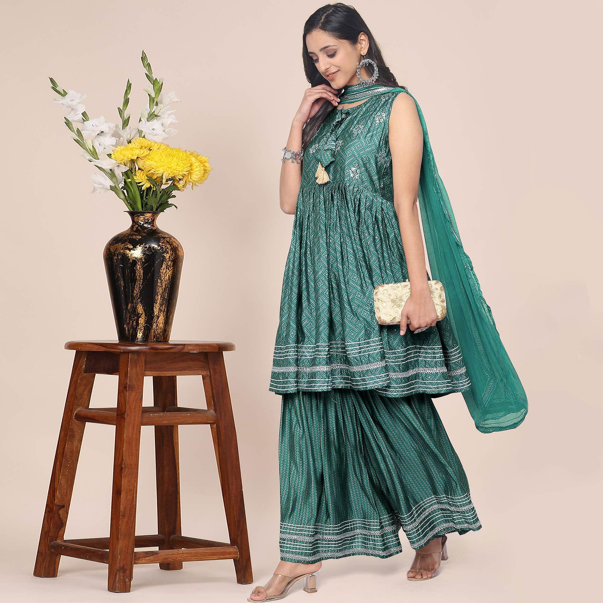 Green Partywear Printed Cotton Silk Sharara Suit - Peachmode