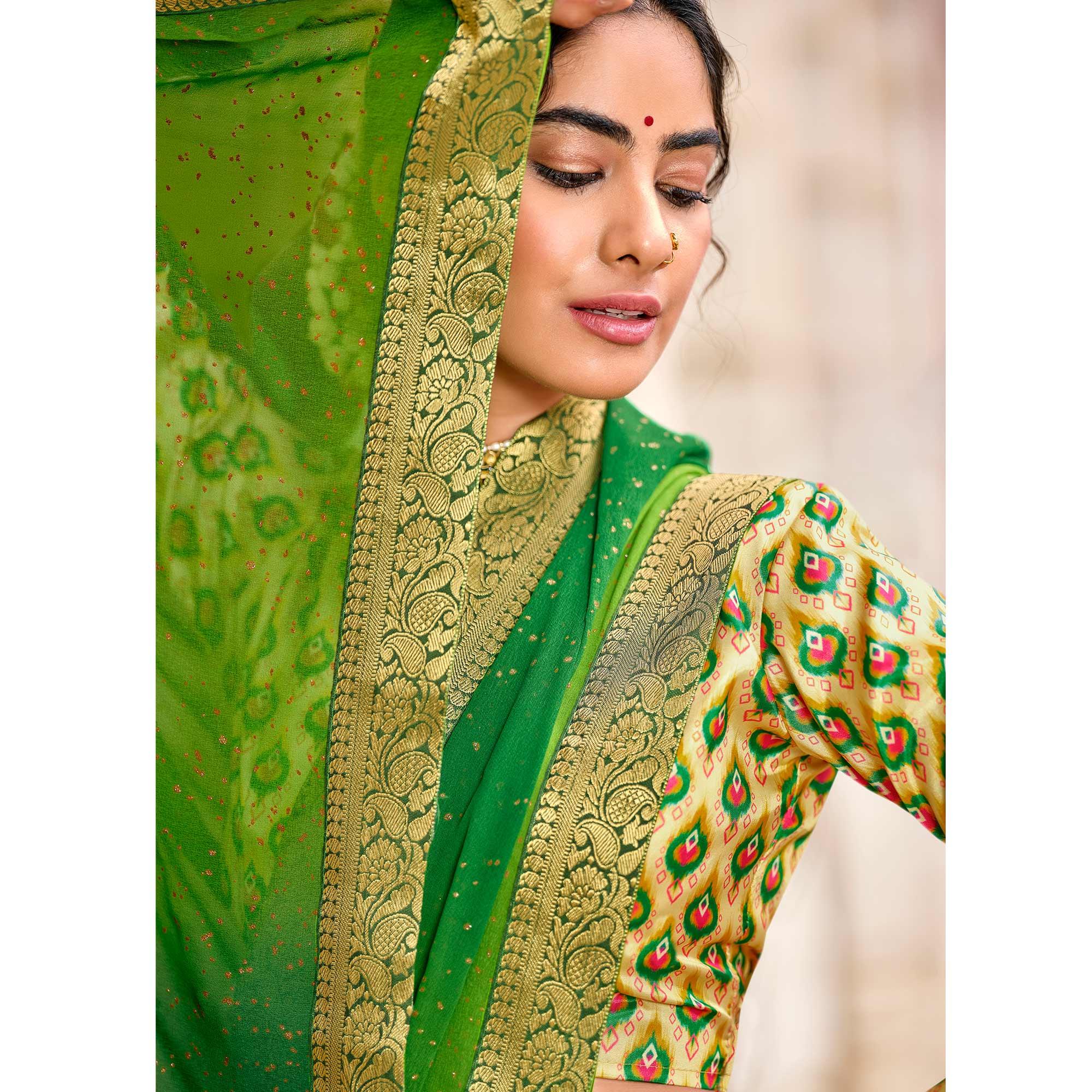 Green Partywear Printed Georgette Saree With Gold Zari - Peachmode