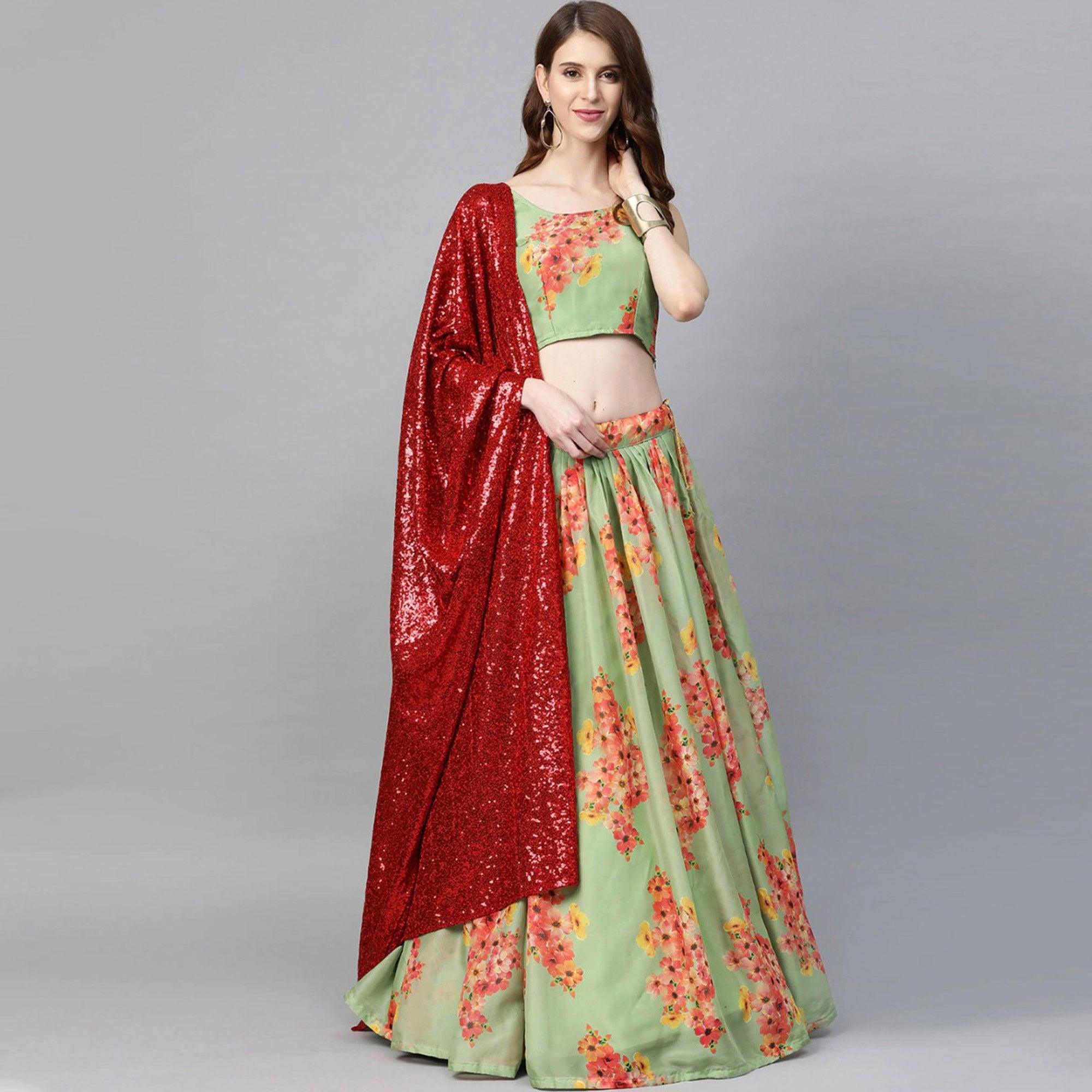 Green Partywear Printed Sequence Pure Organza Lehenga Choli - Peachmode