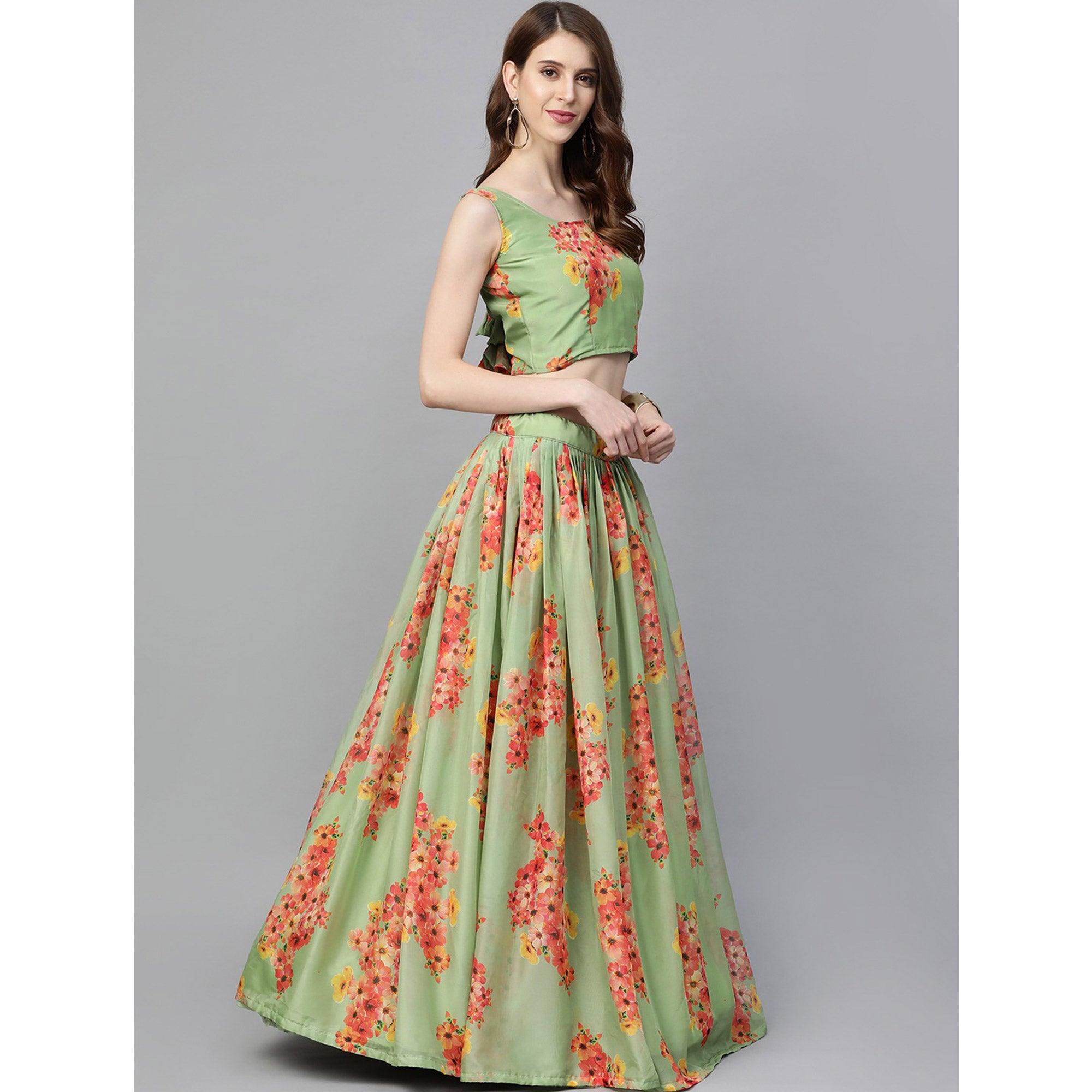 Green Partywear Printed Sequence Pure Organza Lehenga Choli - Peachmode