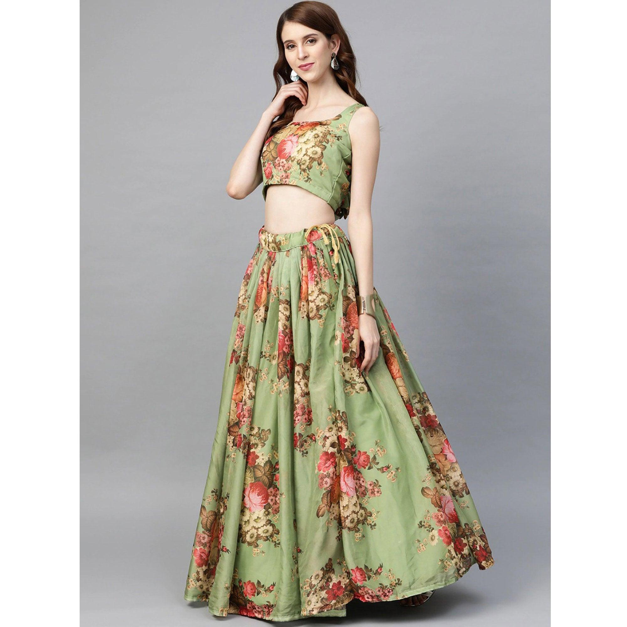 Green Partywear Printed Sequence Pure Organza Lehenga Choli - Peachmode