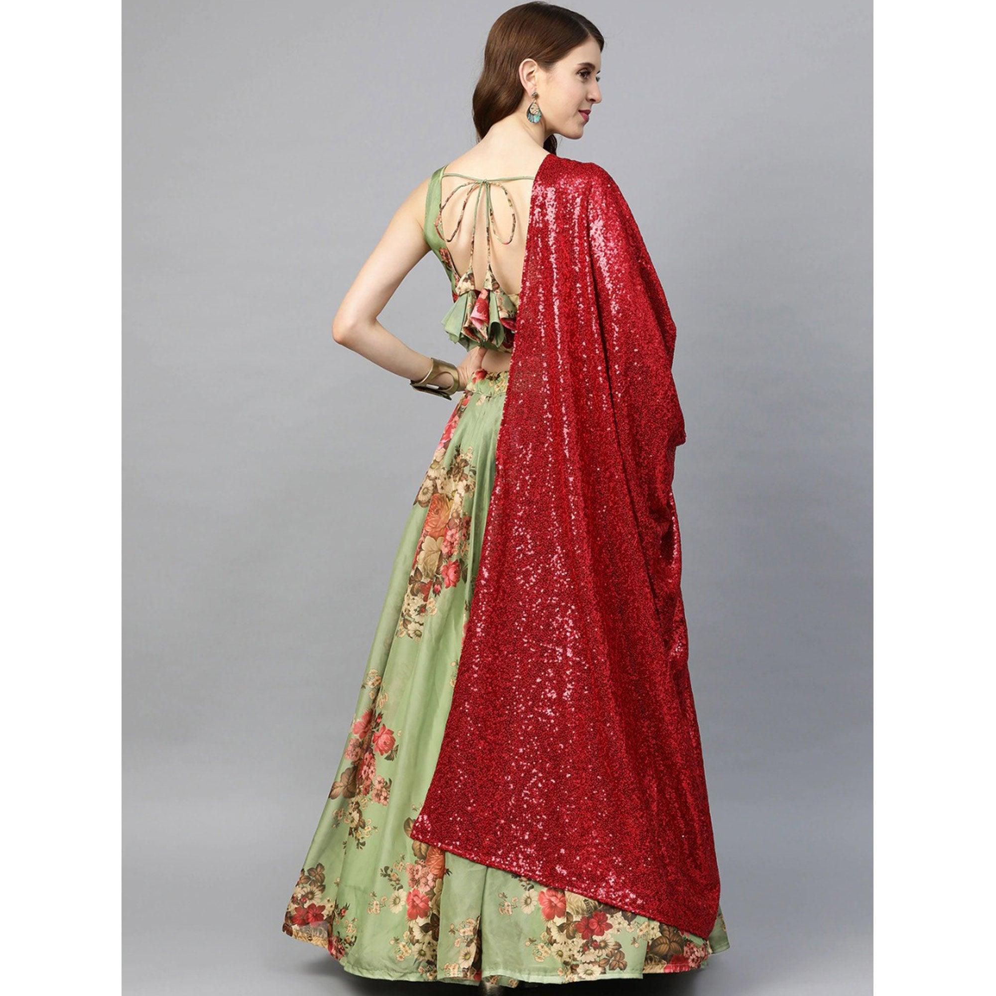 Green Partywear Printed Sequence Pure Organza Lehenga Choli - Peachmode
