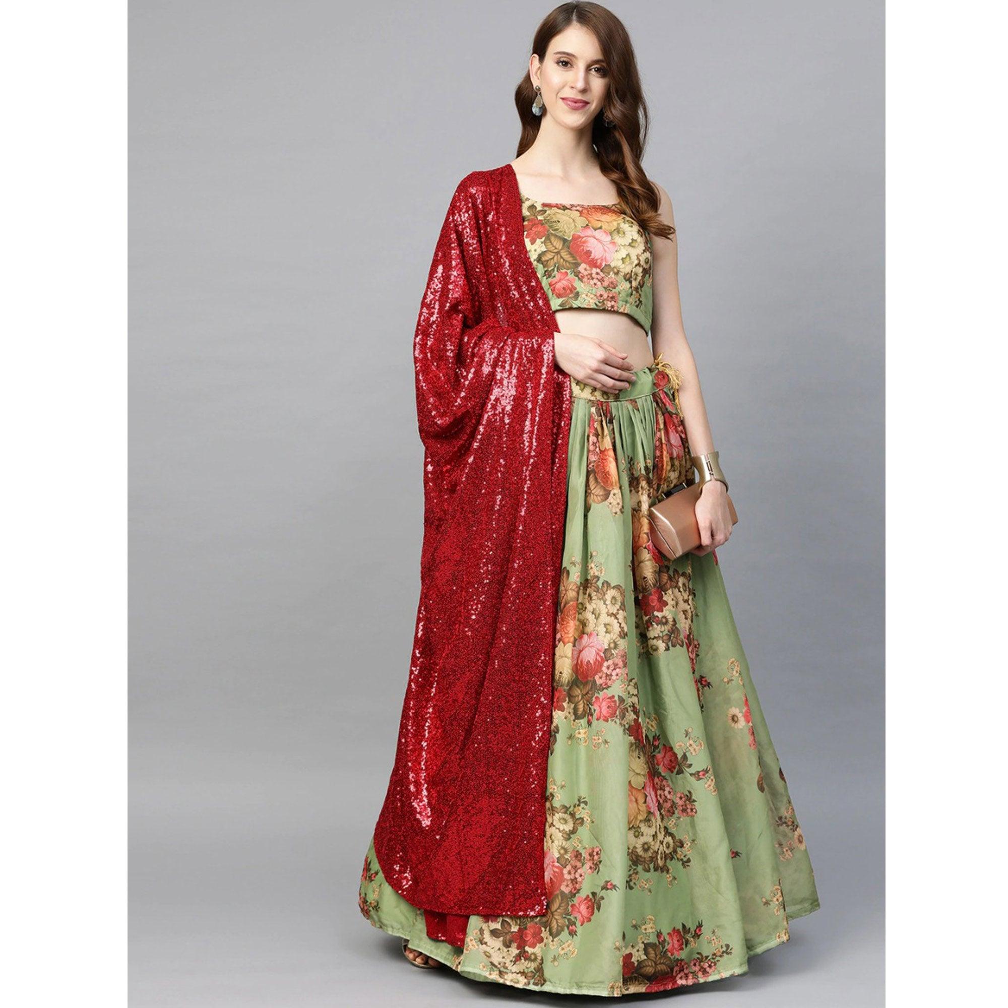 Green Partywear Printed Sequence Pure Organza Lehenga Choli - Peachmode