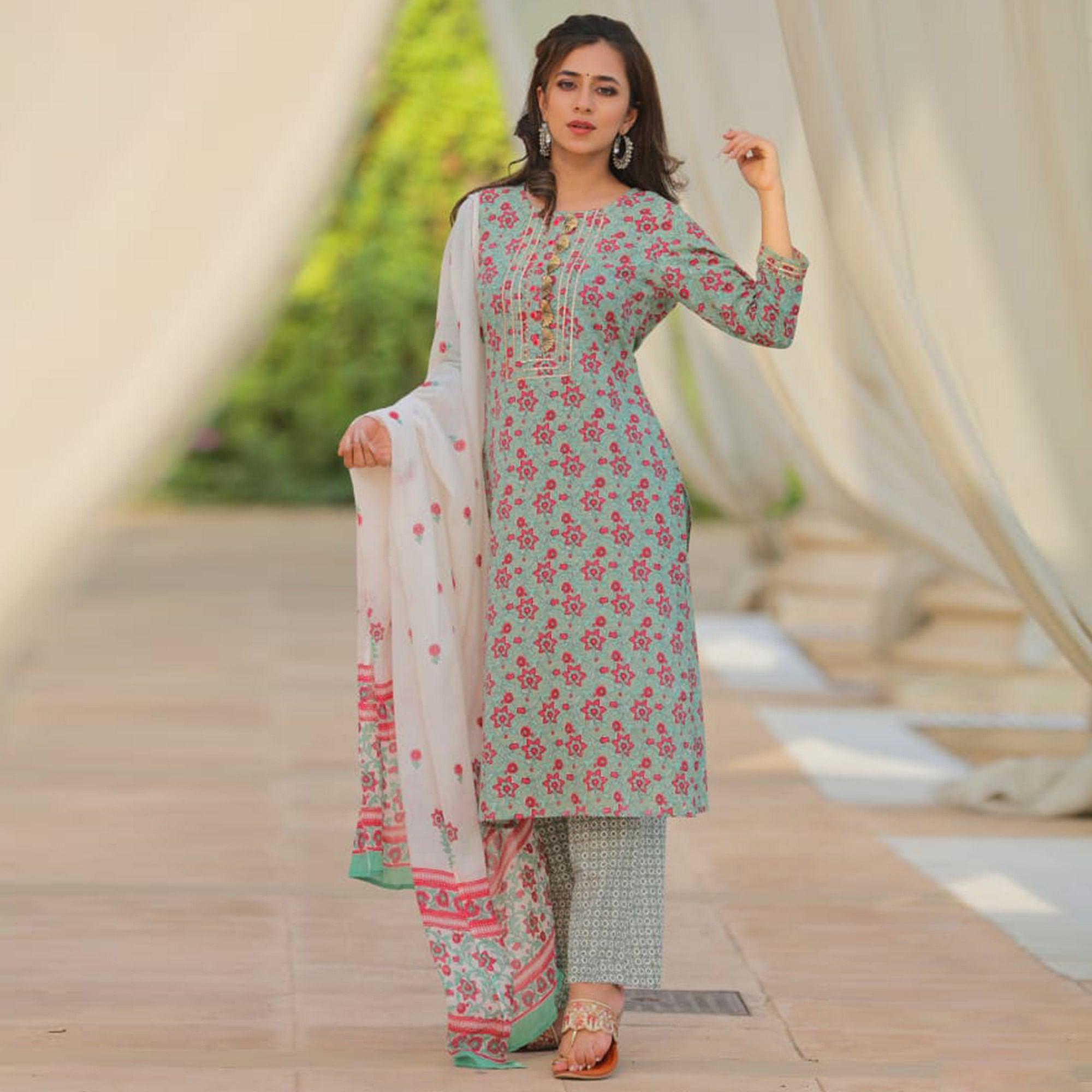 Green Partywear Printed With Gotti Patta Cotton Kurti Pant Set - Peachmode