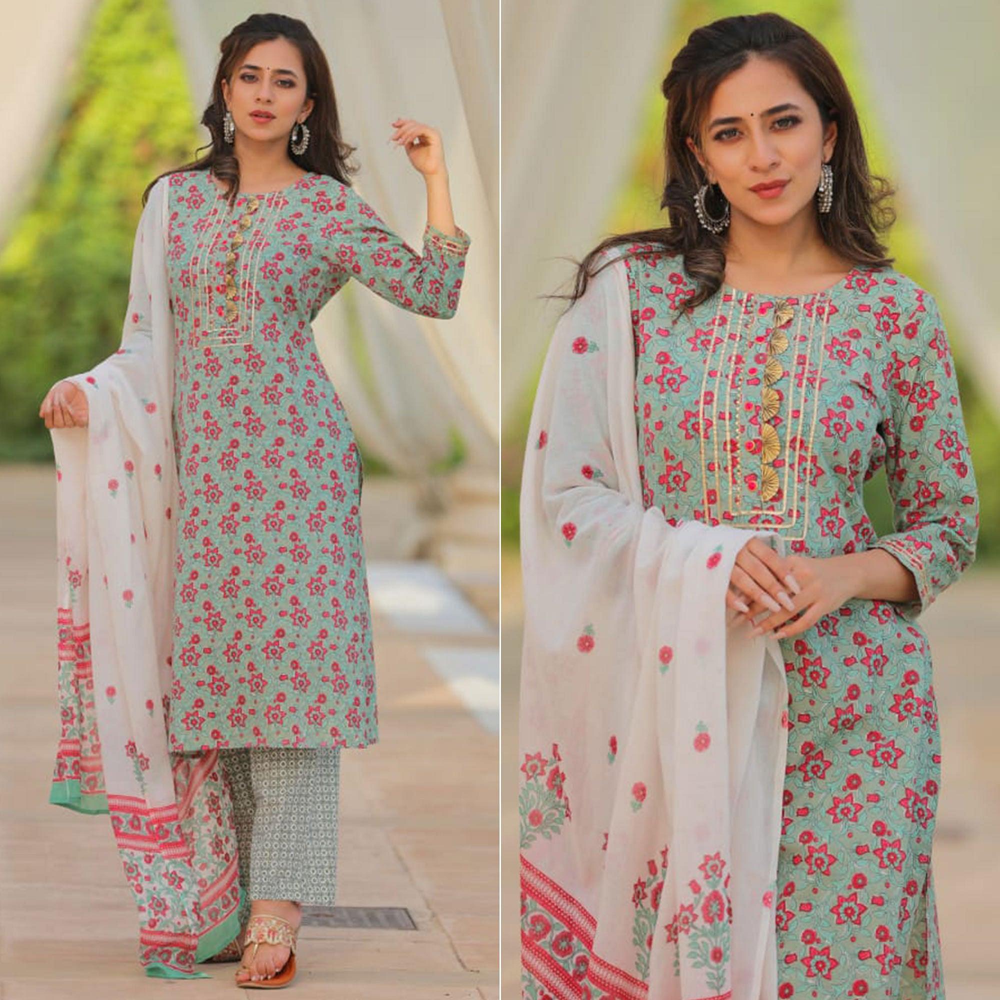 Green Partywear Printed With Gotti Patta Cotton Kurti Pant Set - Peachmode