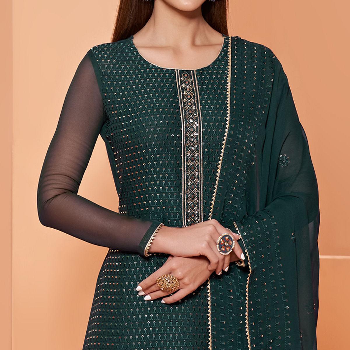 Green Partywear Sequence & Thread Embroidered Pure Georgette Palazzo Suit - Peachmode