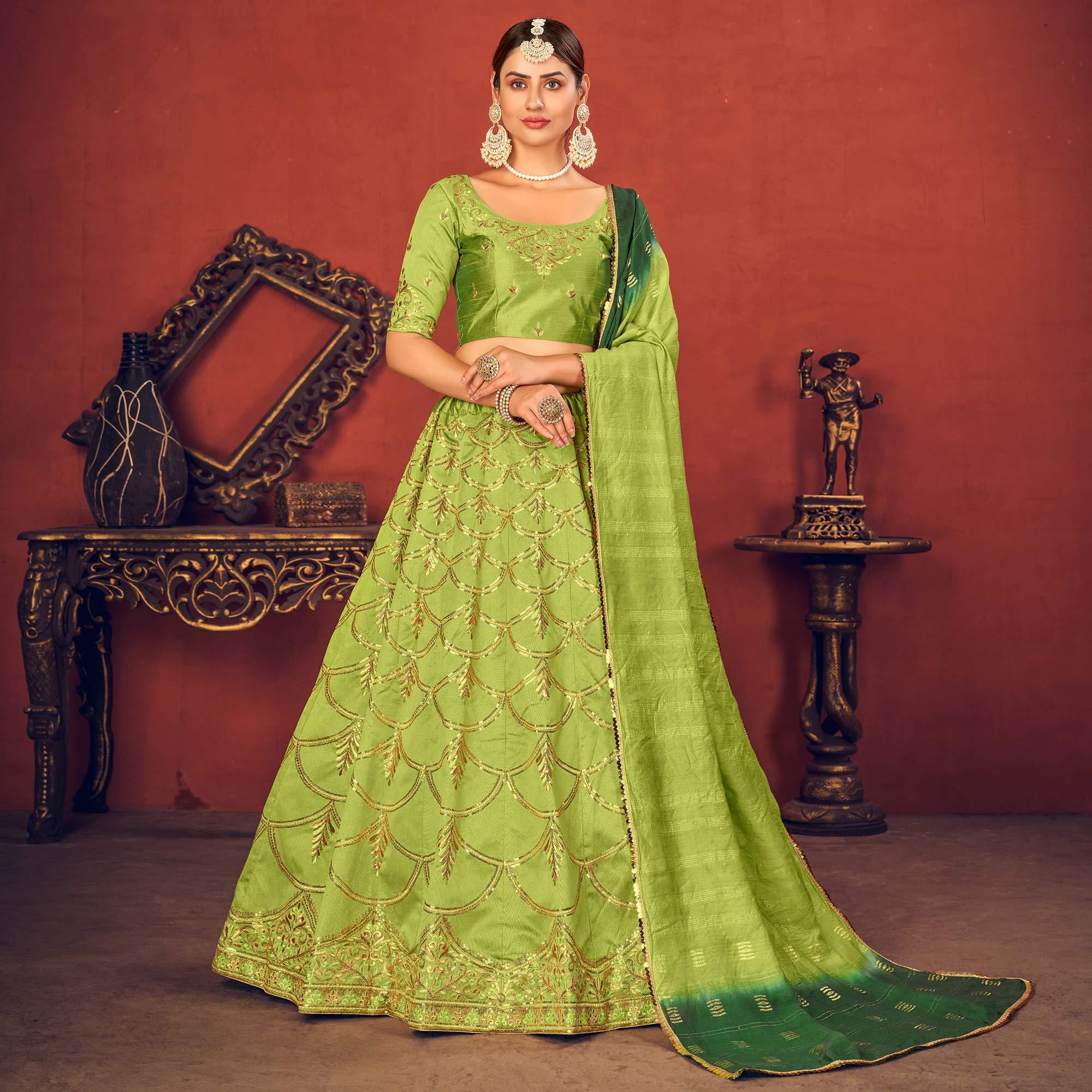 Green Partywear Sequence Embroidered Art Silk Lehenga Choli - Peachmode