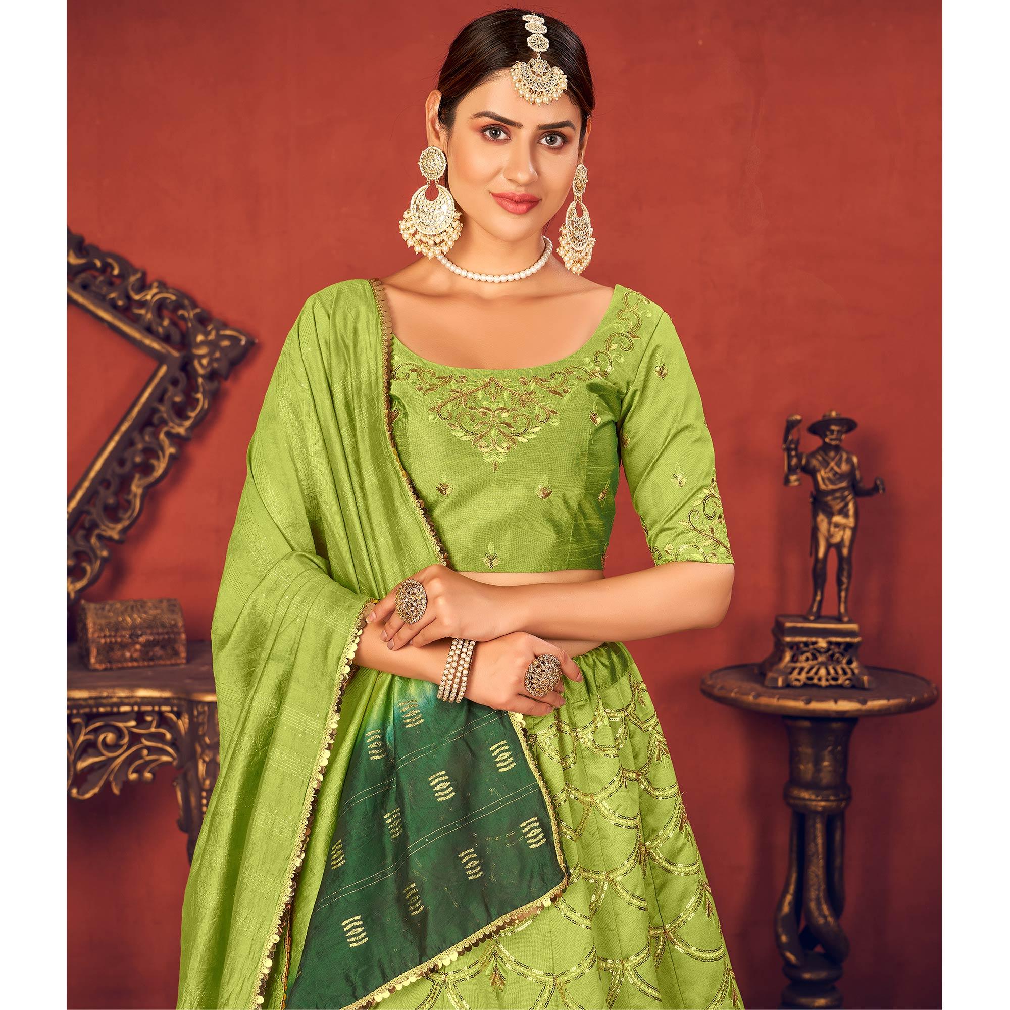 Green Partywear Sequence Embroidered Art Silk Lehenga Choli - Peachmode