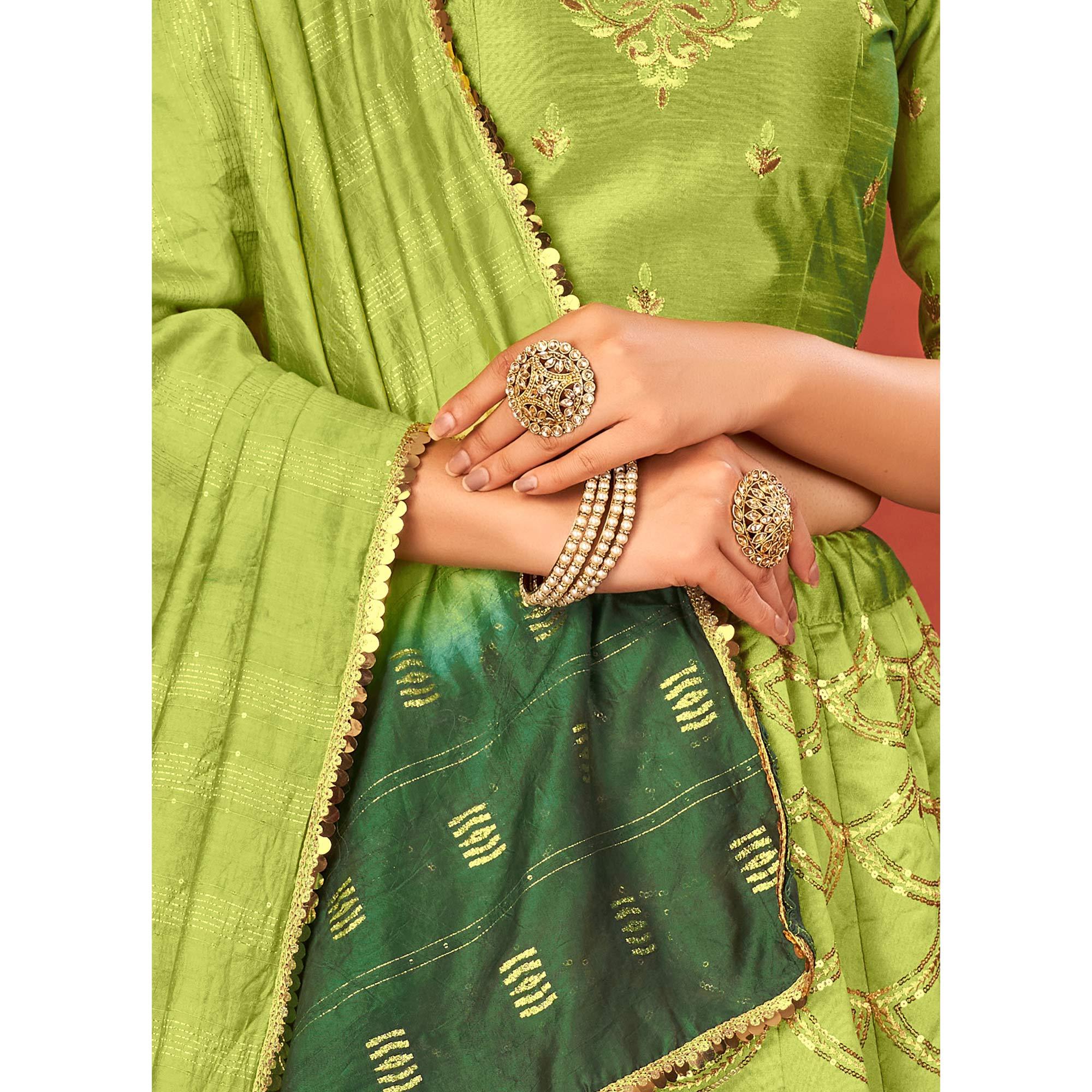Green Partywear Sequence Embroidered Art Silk Lehenga Choli - Peachmode