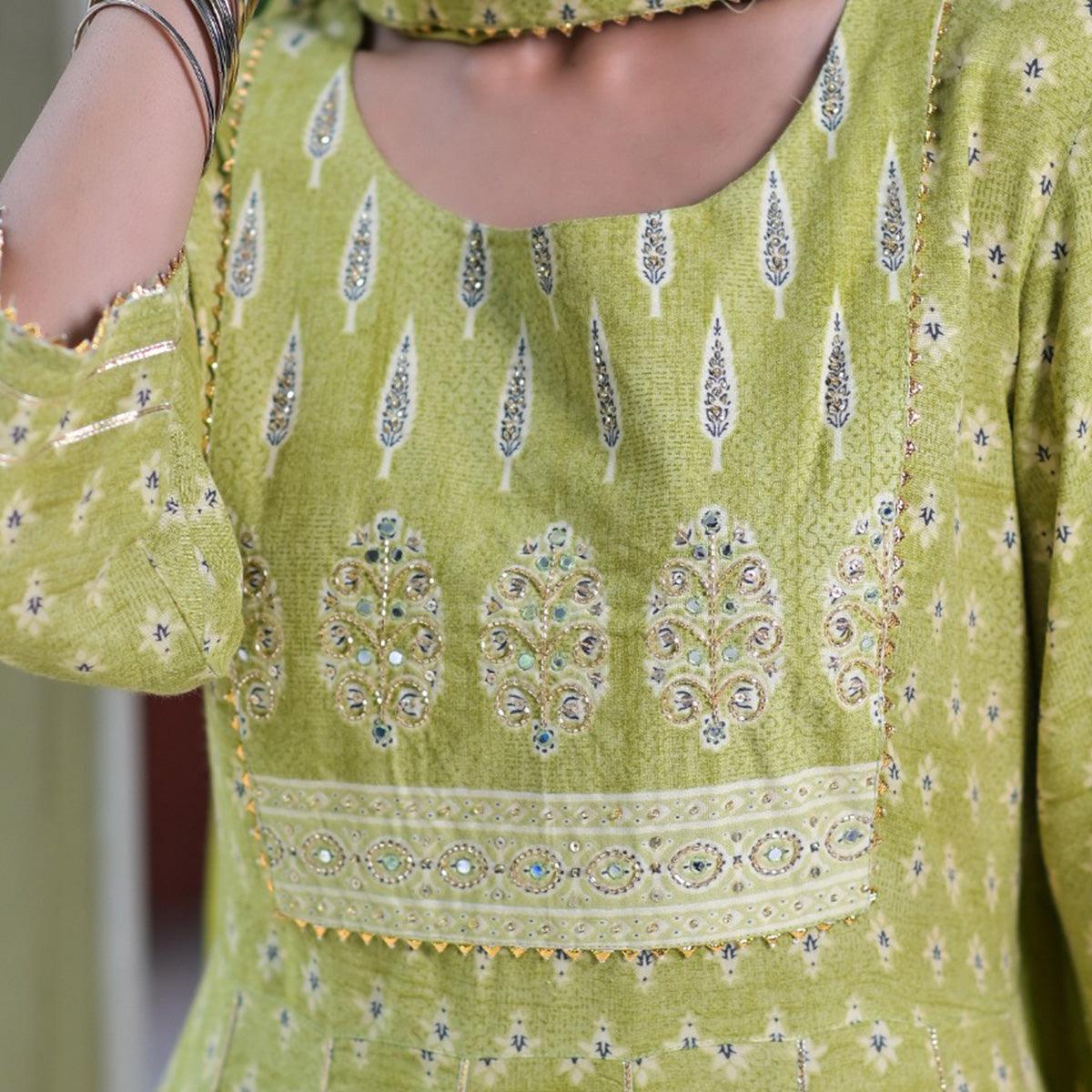 Green Partywear Sequence Embroidered Cotton Anarkali Suit - Peachmode