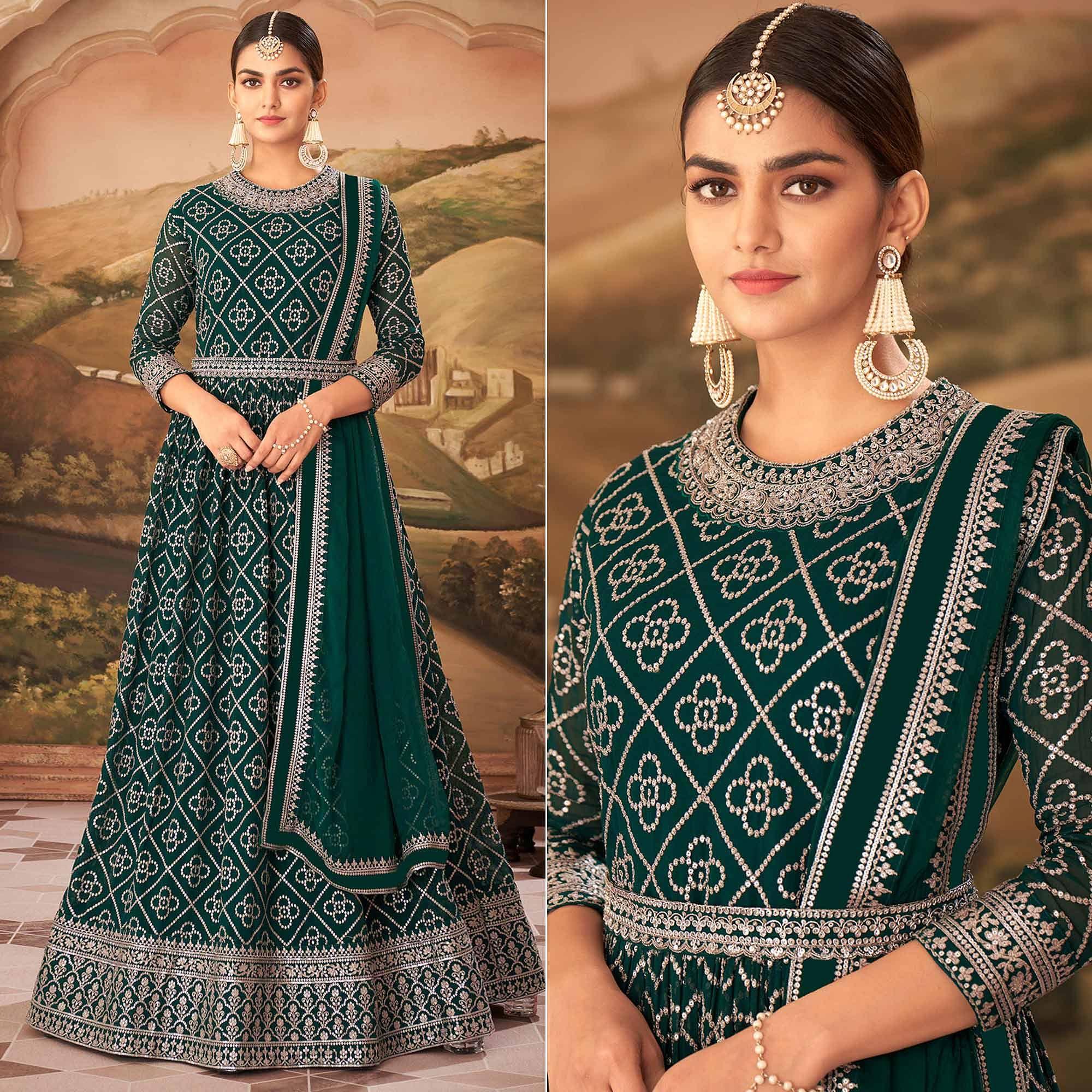 Green Partywear Sequence Embroidered Georgette Gown - Peachmode