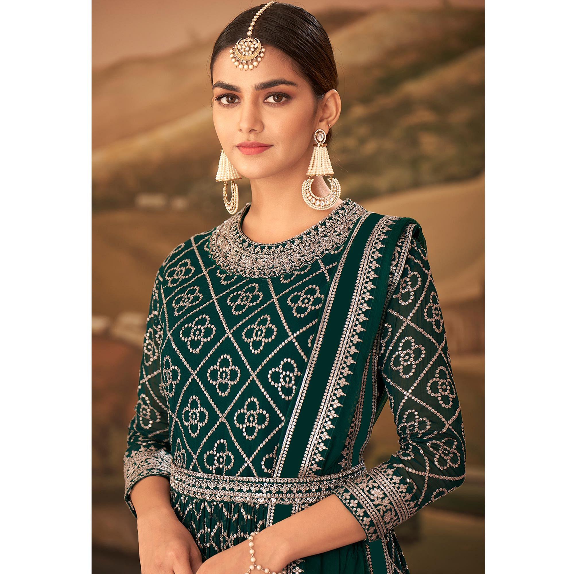 Green Partywear Sequence Embroidered Georgette Gown - Peachmode