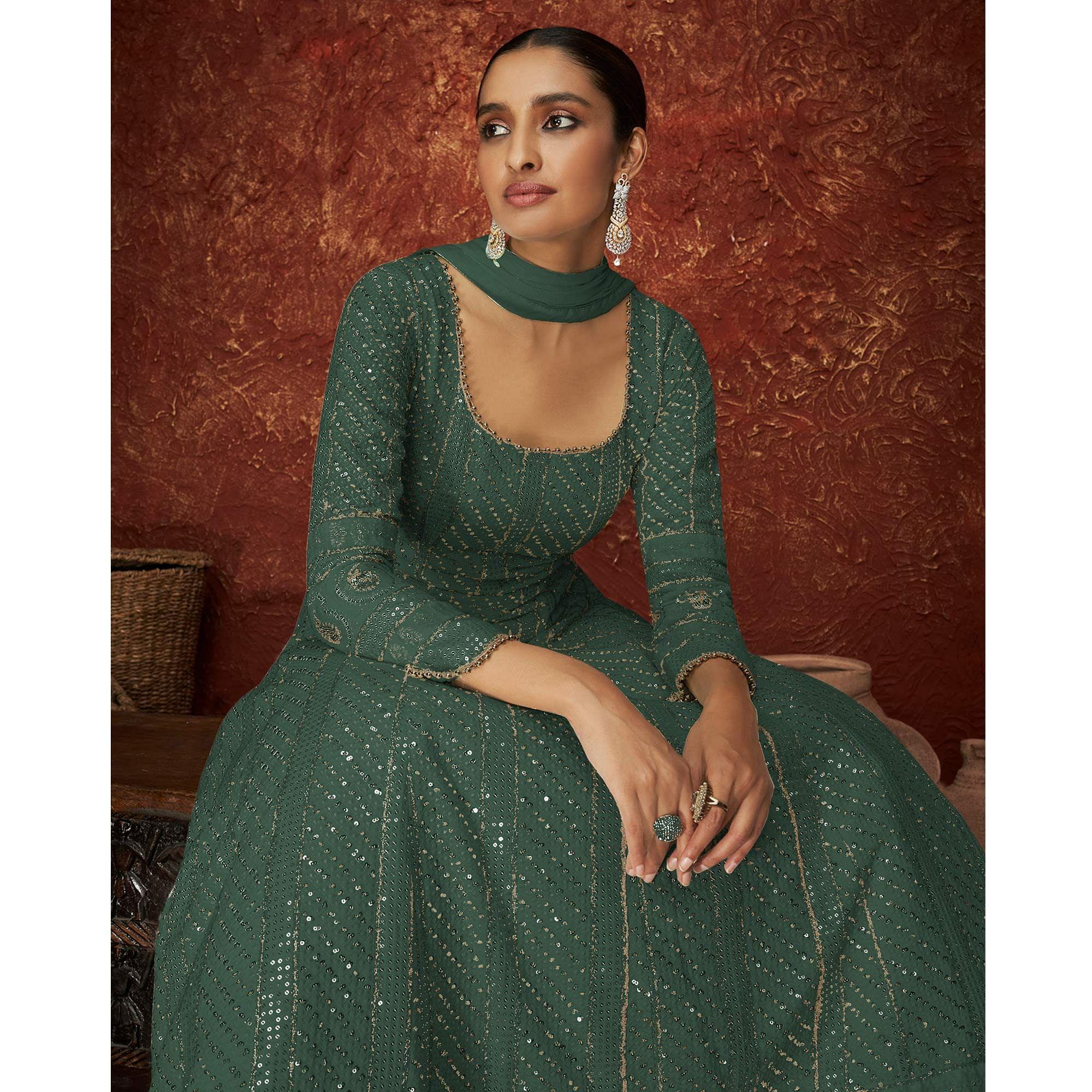 Green Partywear Sequence Embroidered Georgette Gown - Peachmode