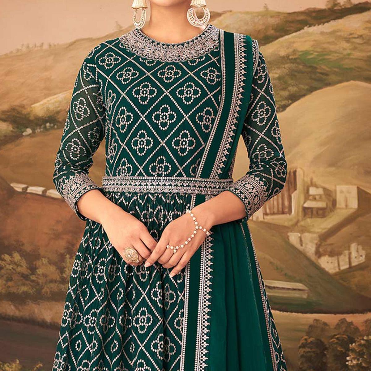 Green Partywear Sequence Embroidered Georgette Gown - Peachmode