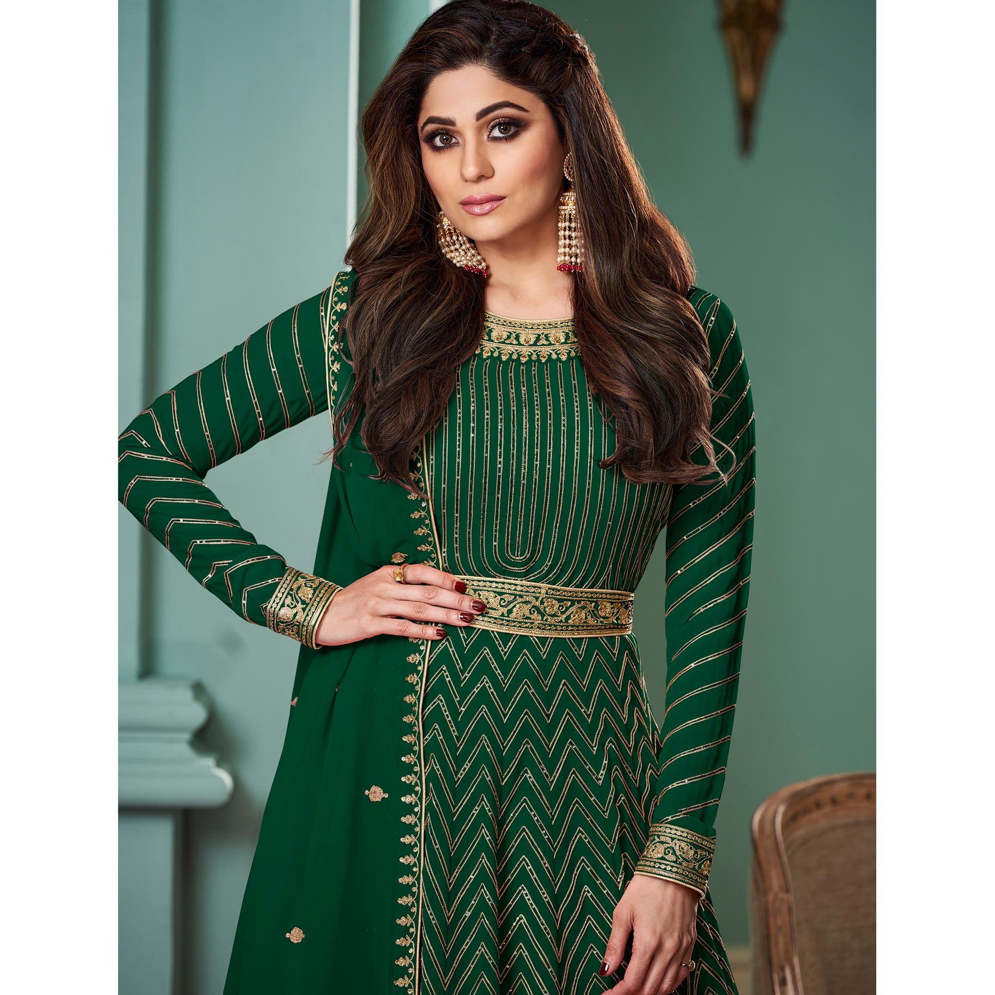 Green Partywear Sequence Embroidered Georgette Gown - Peachmode