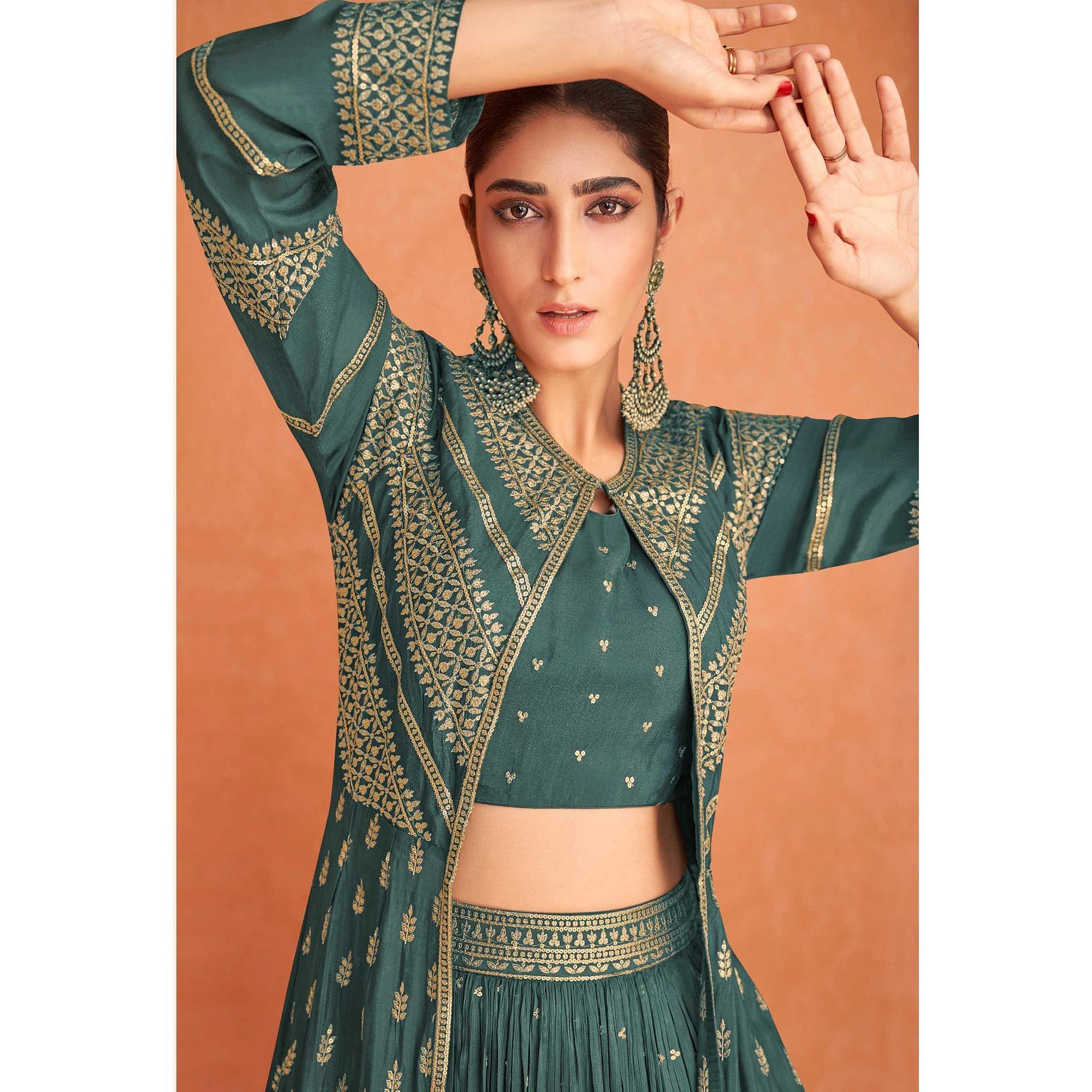 Green Partywear Sequence Embroidered Georgette Lehenga Choli With Jacket - Peachmode