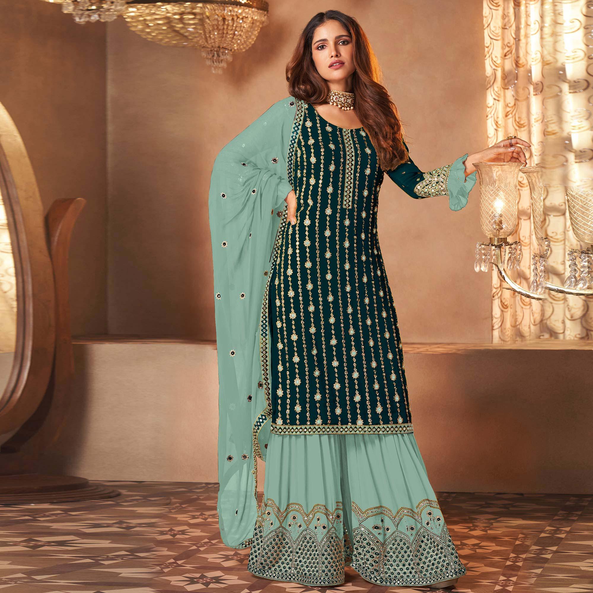 Green Partywear Sequence Embroidered Georgette Palazzo Suit - Peachmode
