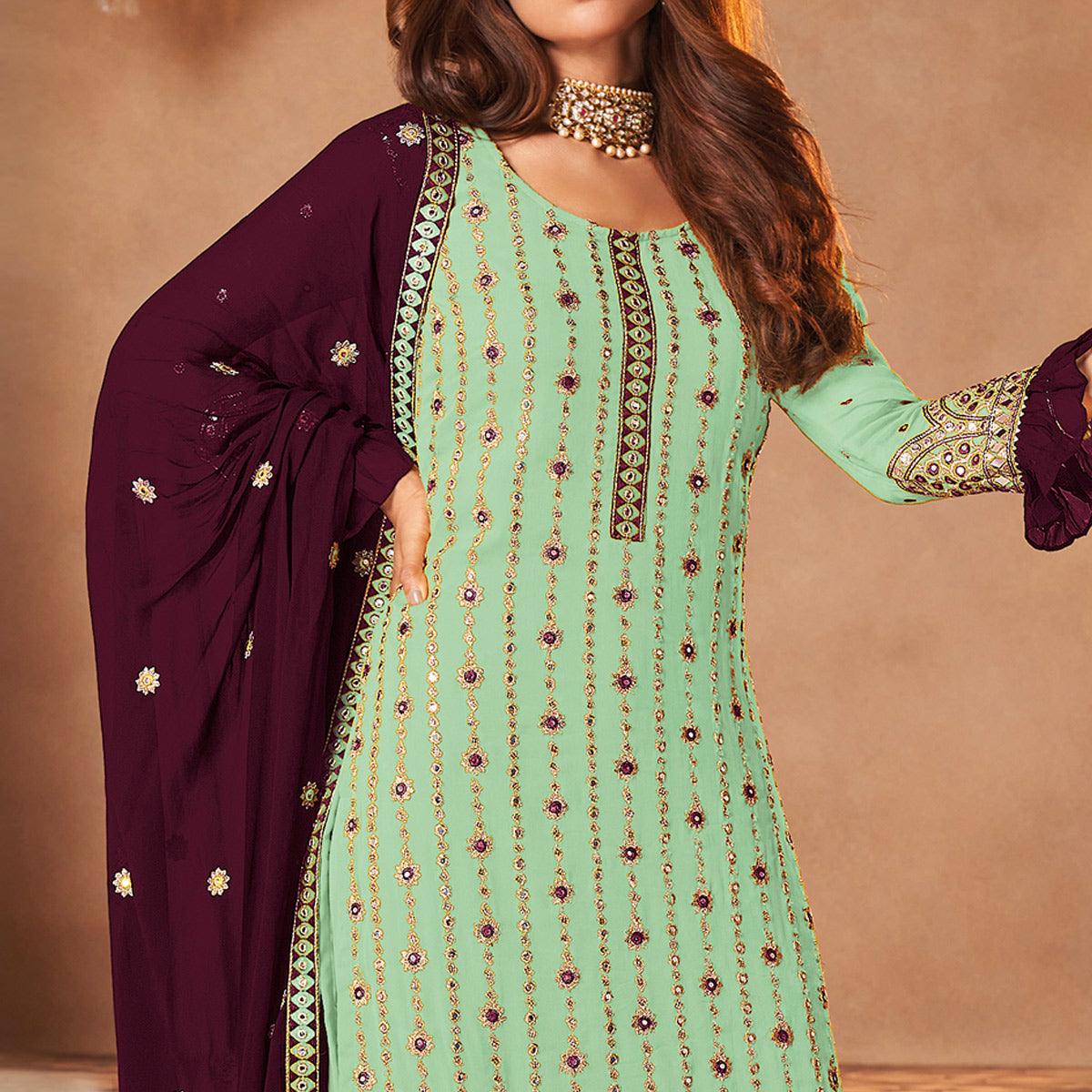 Green Partywear Sequence Embroidered Georgette Palazzo Suit - Peachmode