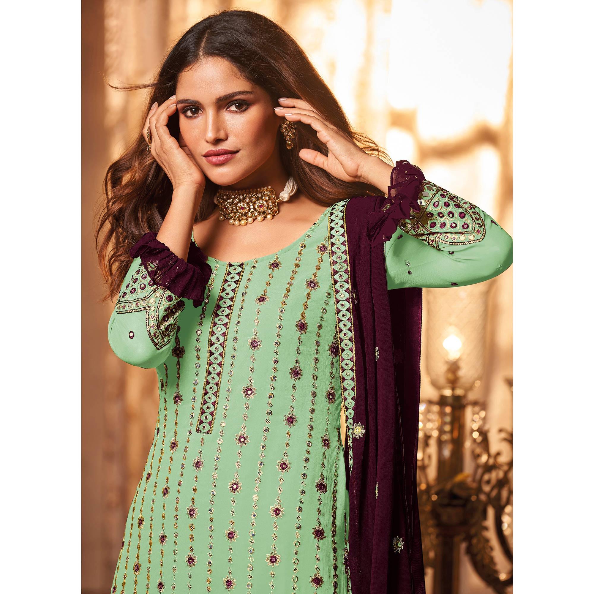 Green Partywear Sequence Embroidered Georgette Palazzo Suit - Peachmode