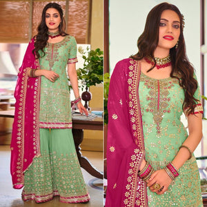 Green Partywear Sequence Embroidered Georgette Sharara Suit - Peachmode