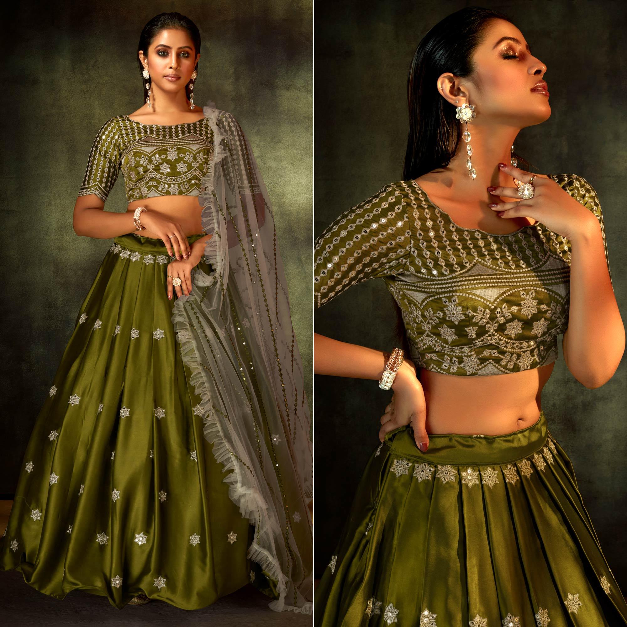 Green Partywear Sequence Embroidered Satin Lehenga Choli - Peachmode