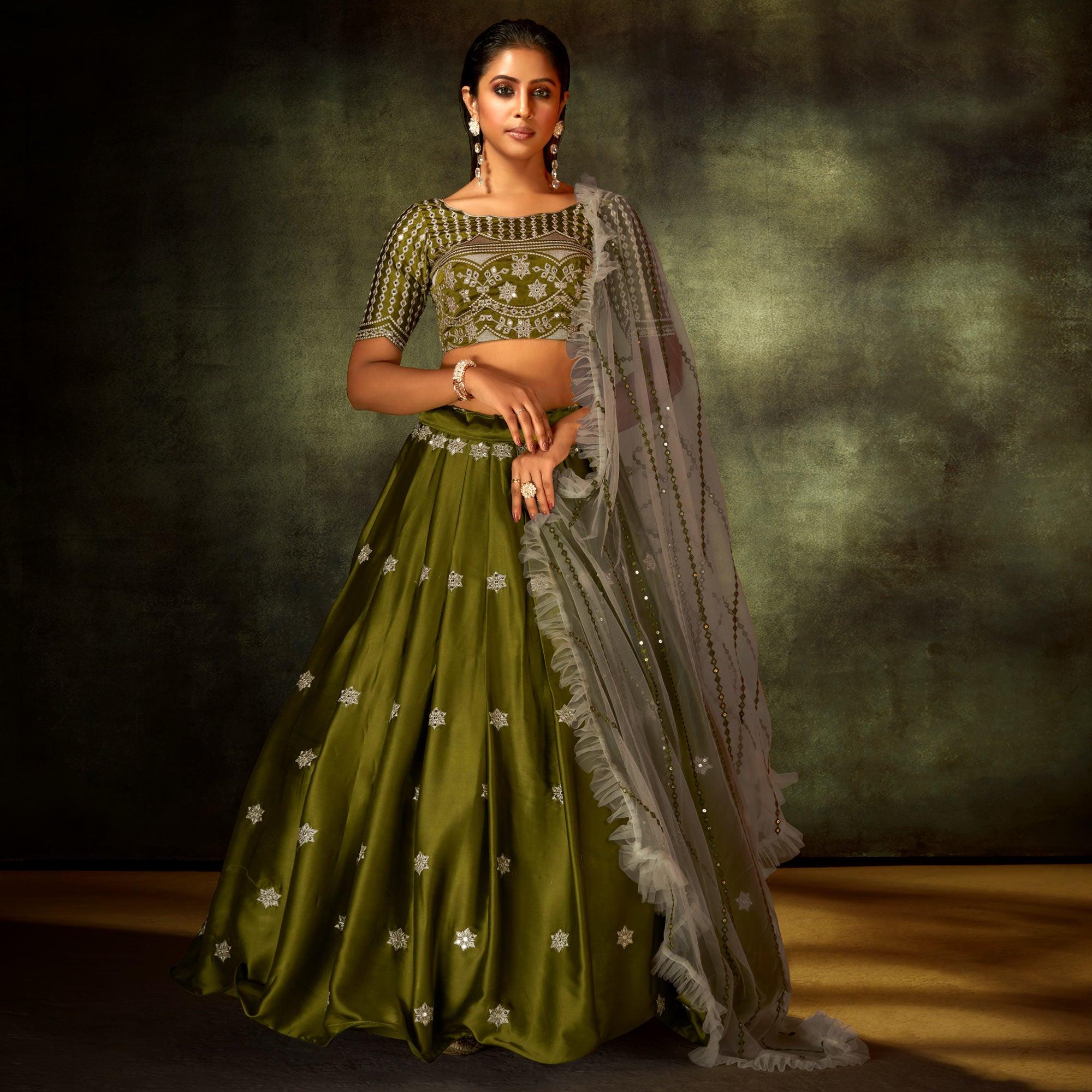 Green Partywear Sequence Embroidered Satin Lehenga Choli - Peachmode