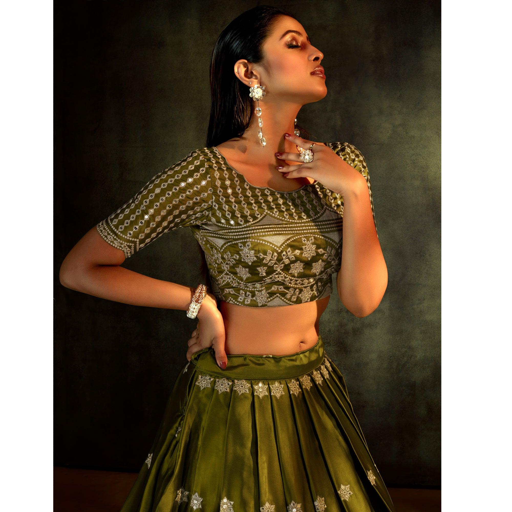 Green Partywear Sequence Embroidered Satin Lehenga Choli - Peachmode