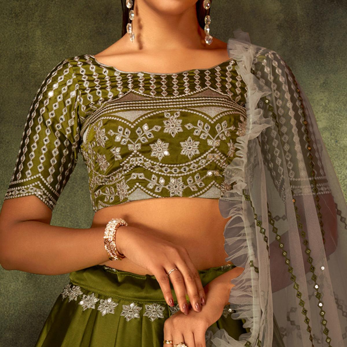 Green Partywear Sequence Embroidered Satin Lehenga Choli - Peachmode