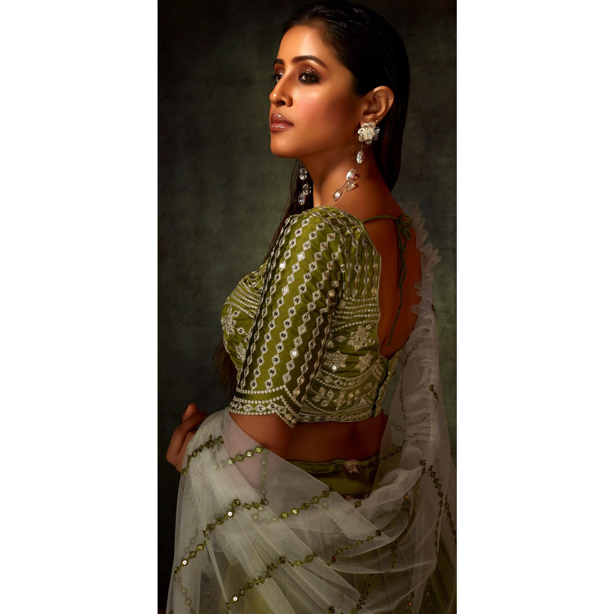 Green Partywear Sequence Embroidered Satin Lehenga Choli - Peachmode